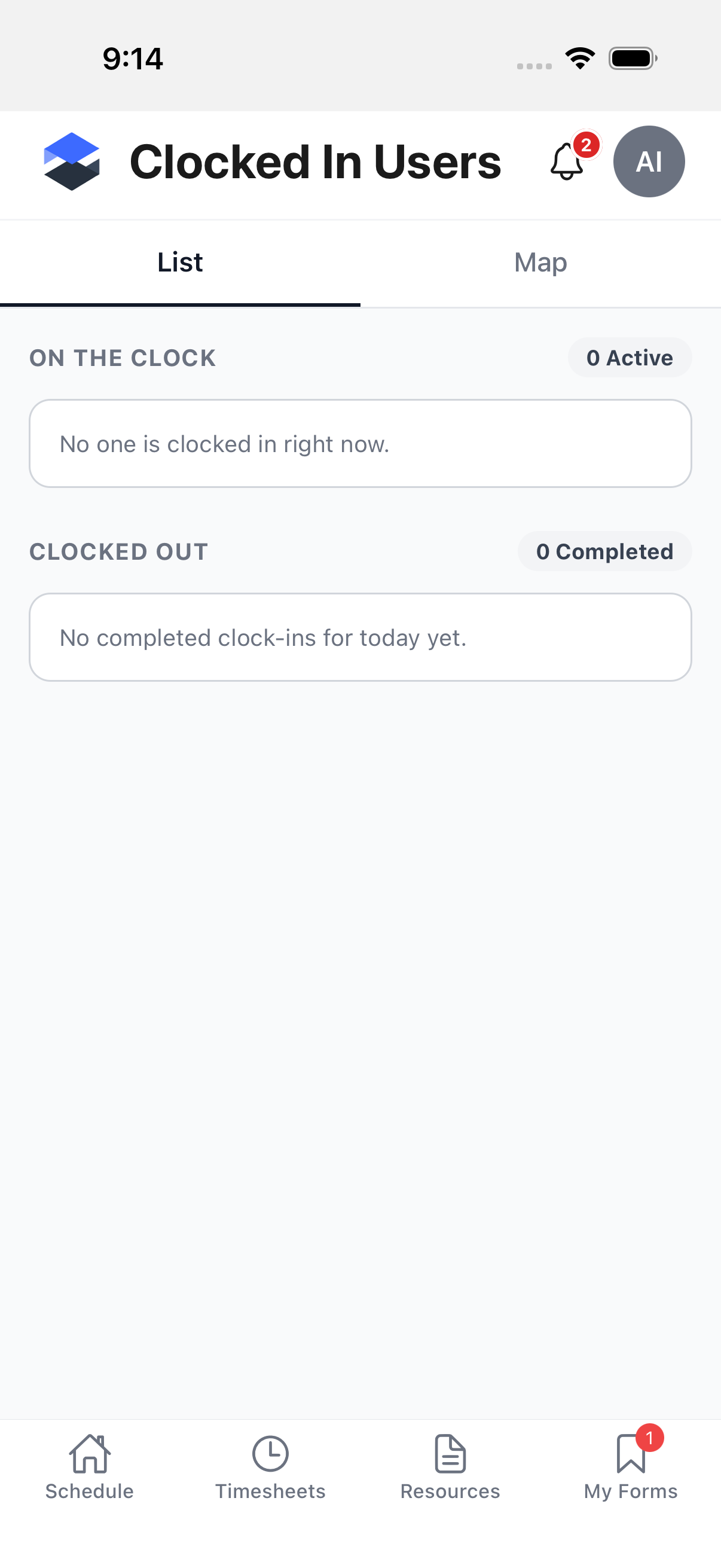 Clocked In Users -- List tab, no one currently on the clock