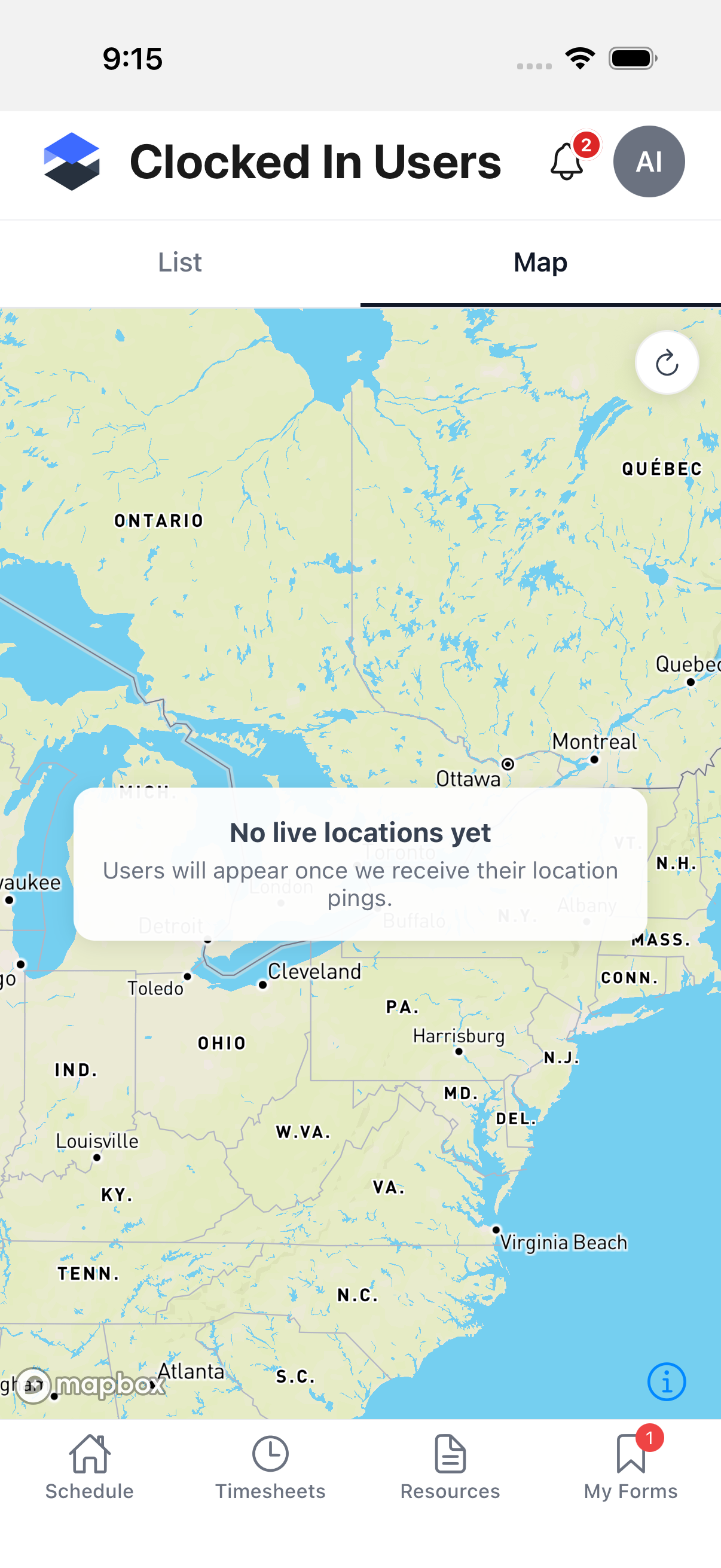 Clocked In Users -- Map tab, no live locations to plot