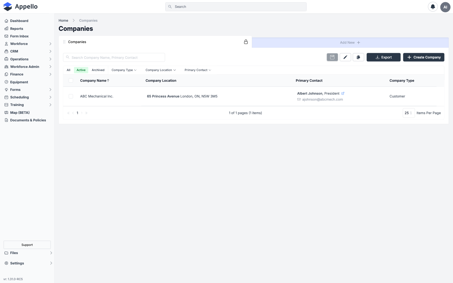 Companies — searchable directory of customer and vendor company records with status and contact details