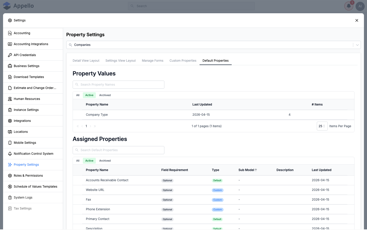 Companies Default Properties tab with a mix of Default and Custom assigned fields