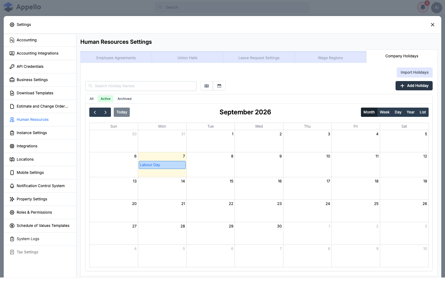 Company Holidays tab under Settings, showing Labour Day on its own month calendar