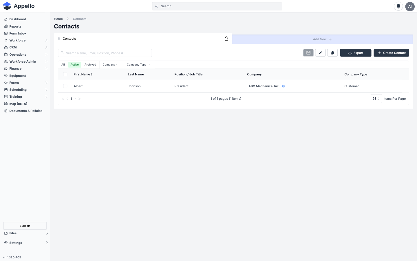 Contacts — list of people associated with CRM companies showing name, company, email, and phone