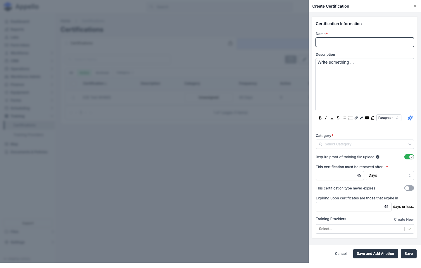 Create Certification panel with Name, Description, Category, Require proof of training file upload toggle, renewal frequency, never-expires toggle, Expiring Soon days field, and a Training Providers picker