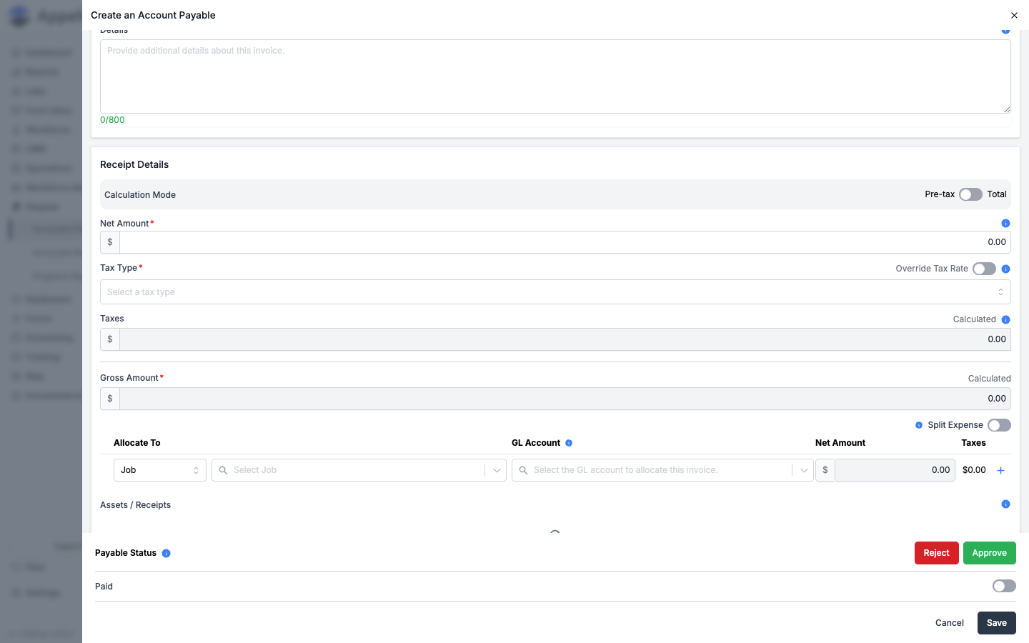 Create Account Payable — bottom of the panel: Tax Type, Taxes, Gross Amount (calculated), the Allocate To grid, Assets/Receipts, and the sticky Payable Status footer