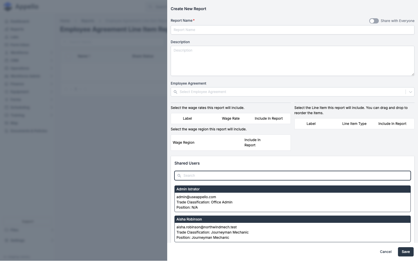 Create New Report flyout open, empty -- no Employee Agreement selected yet so the wage rate, line item, and wage region tables have no rows