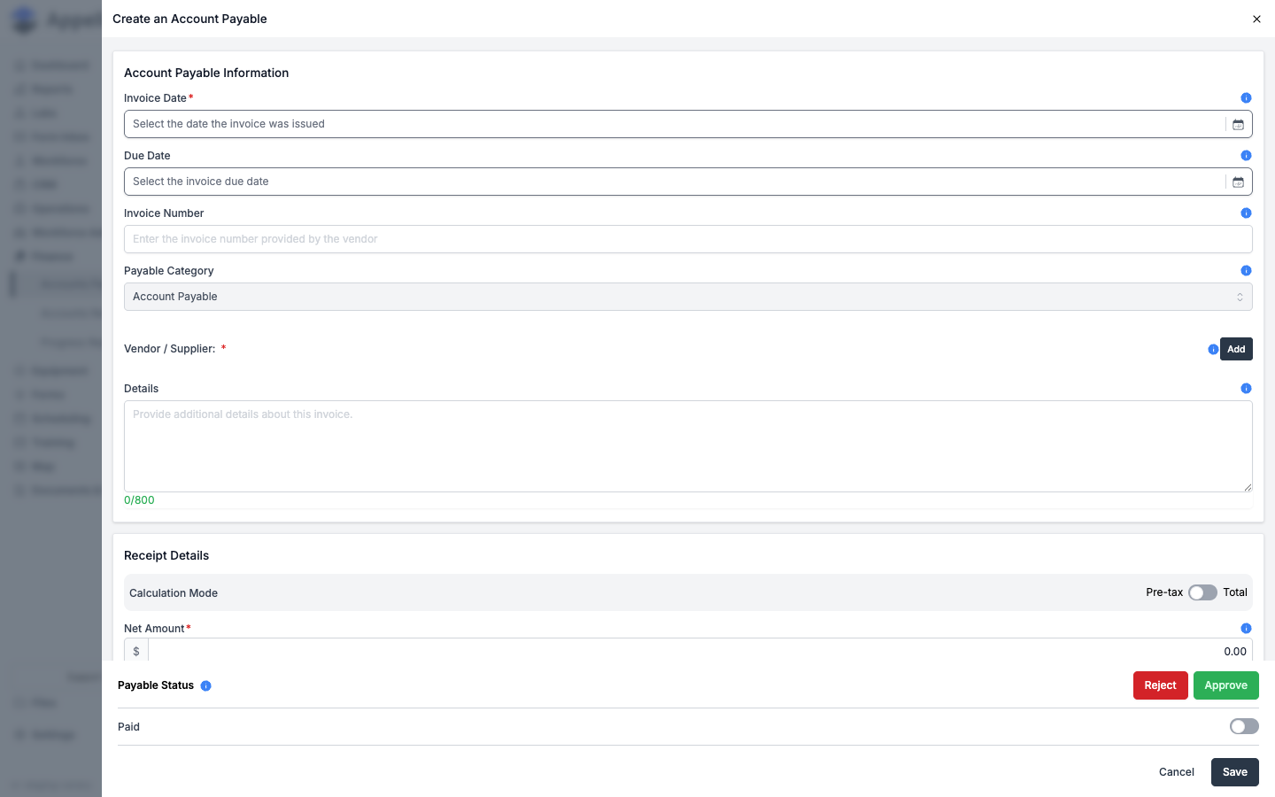 Create Account Payable — top of the panel: Invoice Date, Due Date, Invoice Number, Payable Category, Vendor/Supplier, Details, and the start of Receipt Details