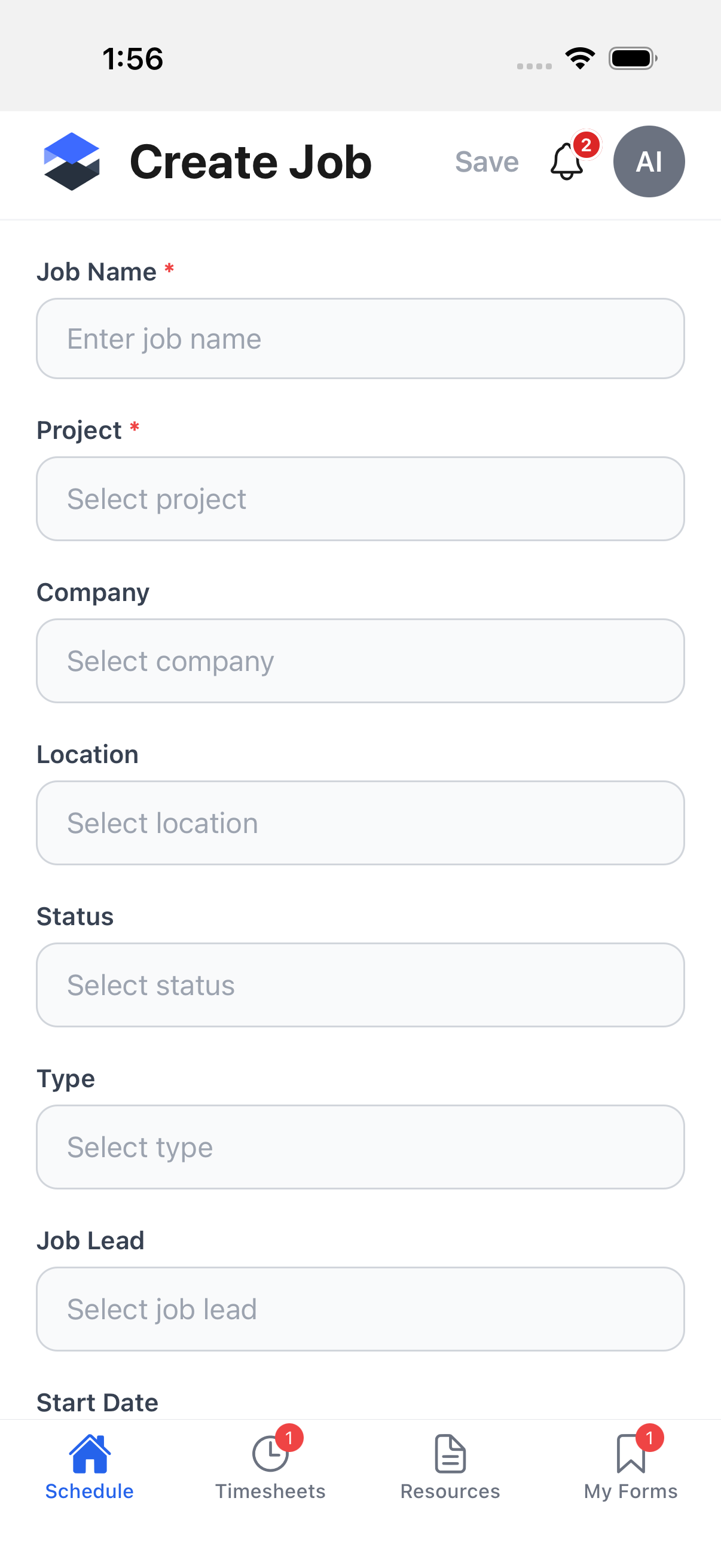 Create Job -- the full form on first open, Save disabled until Name and Project are filled