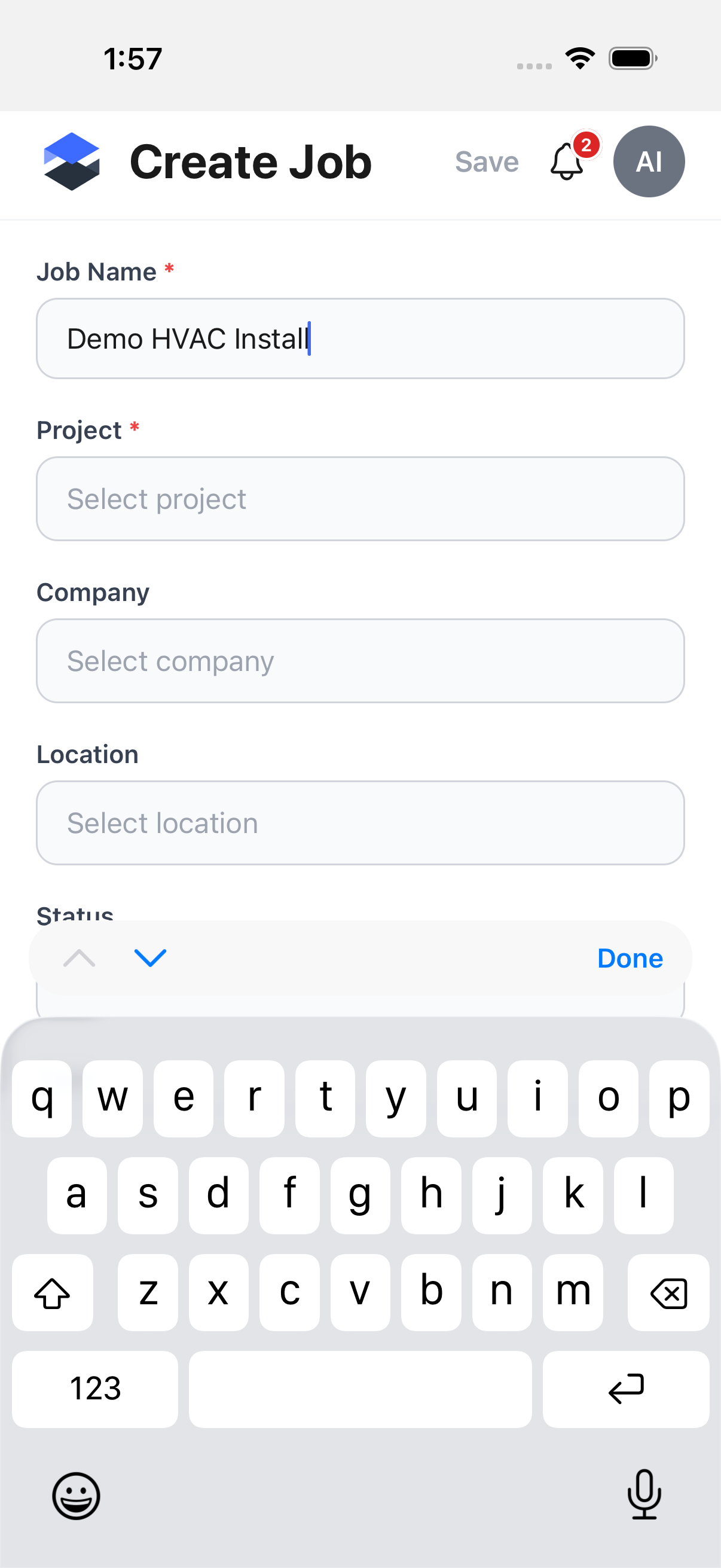 Create Job -- Job Name field with text entered