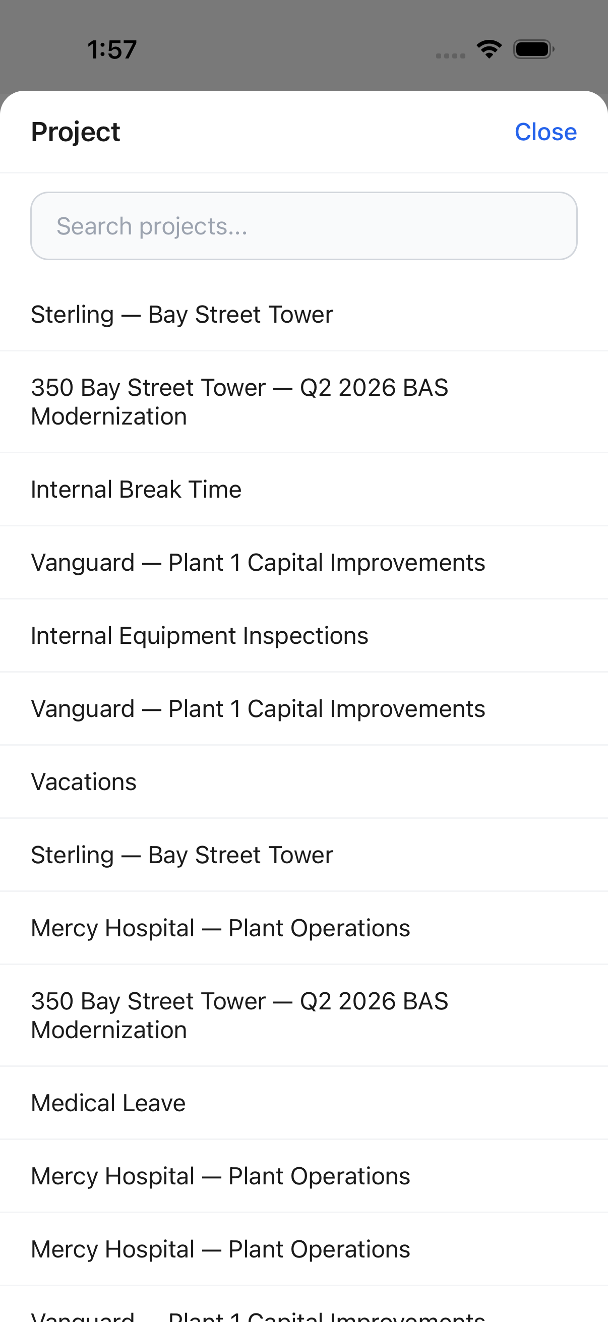 Create Job -- Project picker, listing the instance's projects