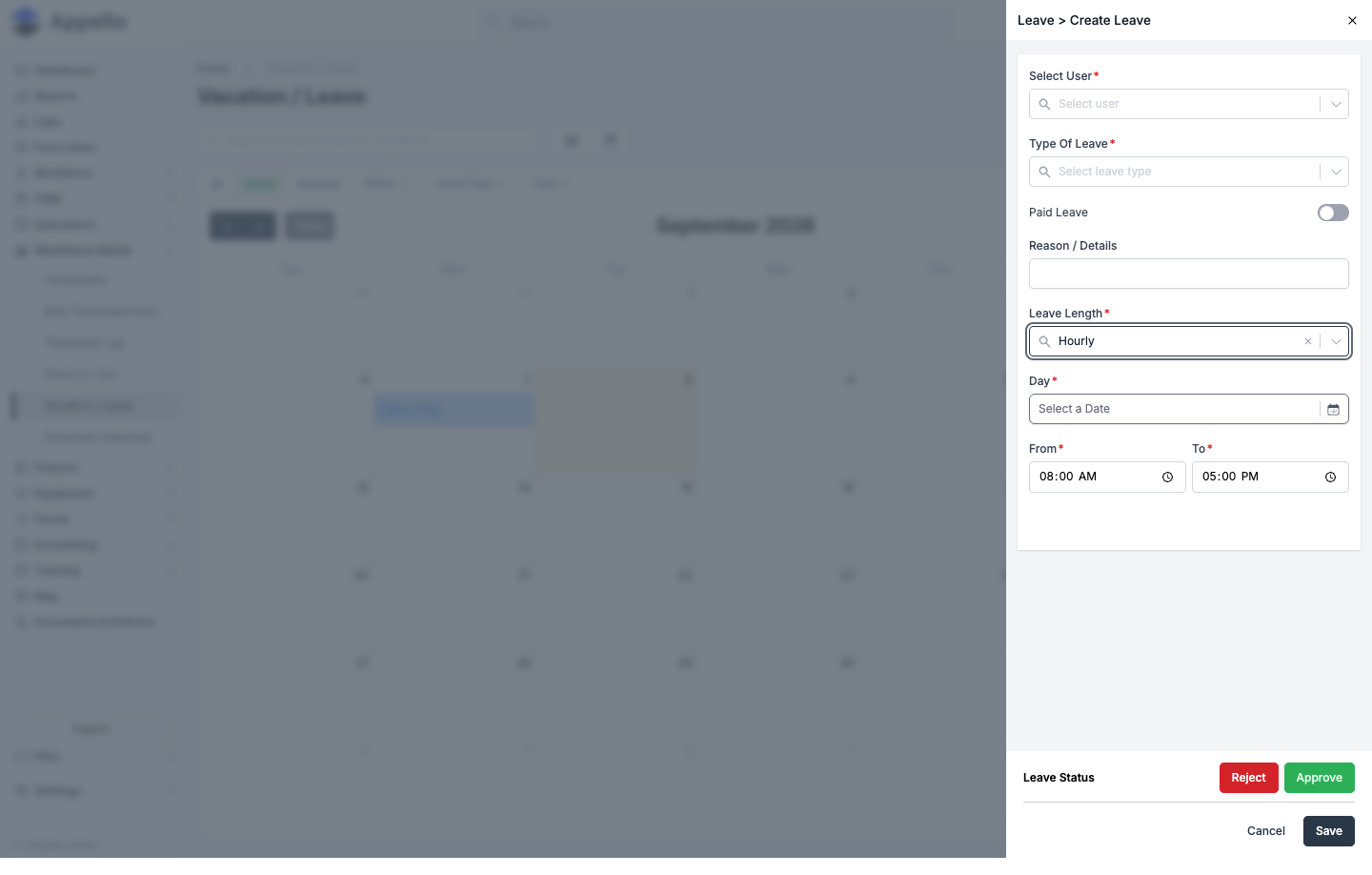 Create Leave panel — Hourly: Day plus From/To time fields