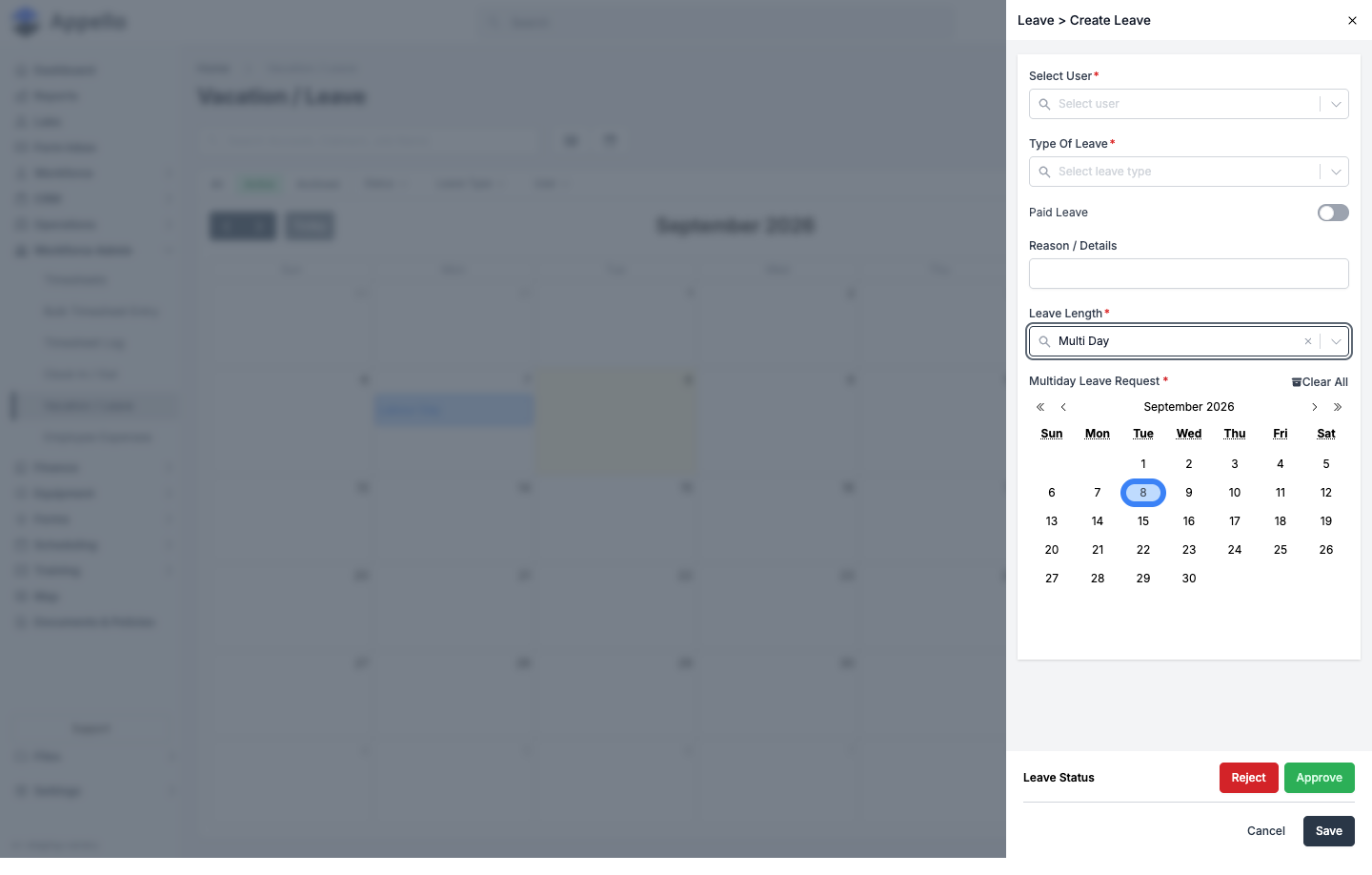 Create Leave panel — Multi Day: the Multiday Leave Request range calendar with Clear All