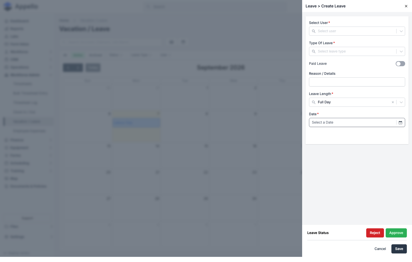 Create Leave panel — Full Day: user, leave type, paid toggle, reason, length, and date