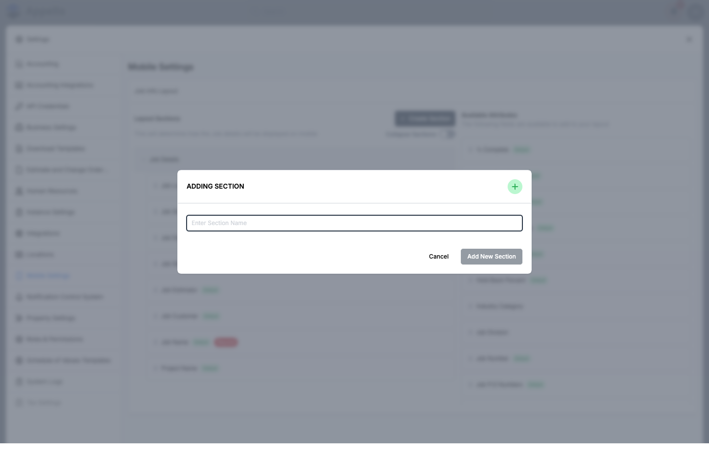 Adding Section dialog, opened from the Create Section button