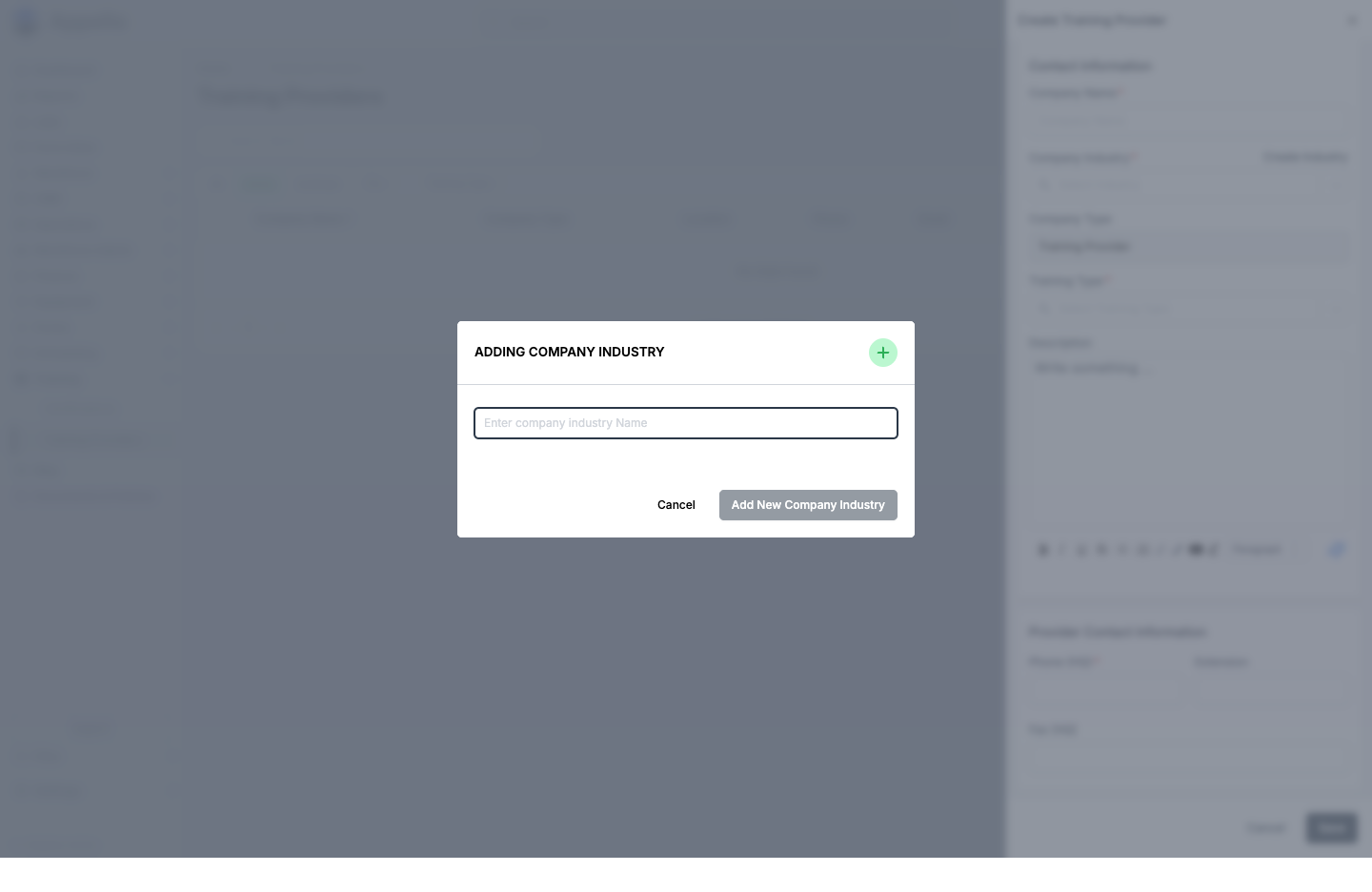 Adding Company Industry modal opened from the Create Training Provider panel's Company Industry field, with a single Name input and Cancel / Add New Company Industry buttons