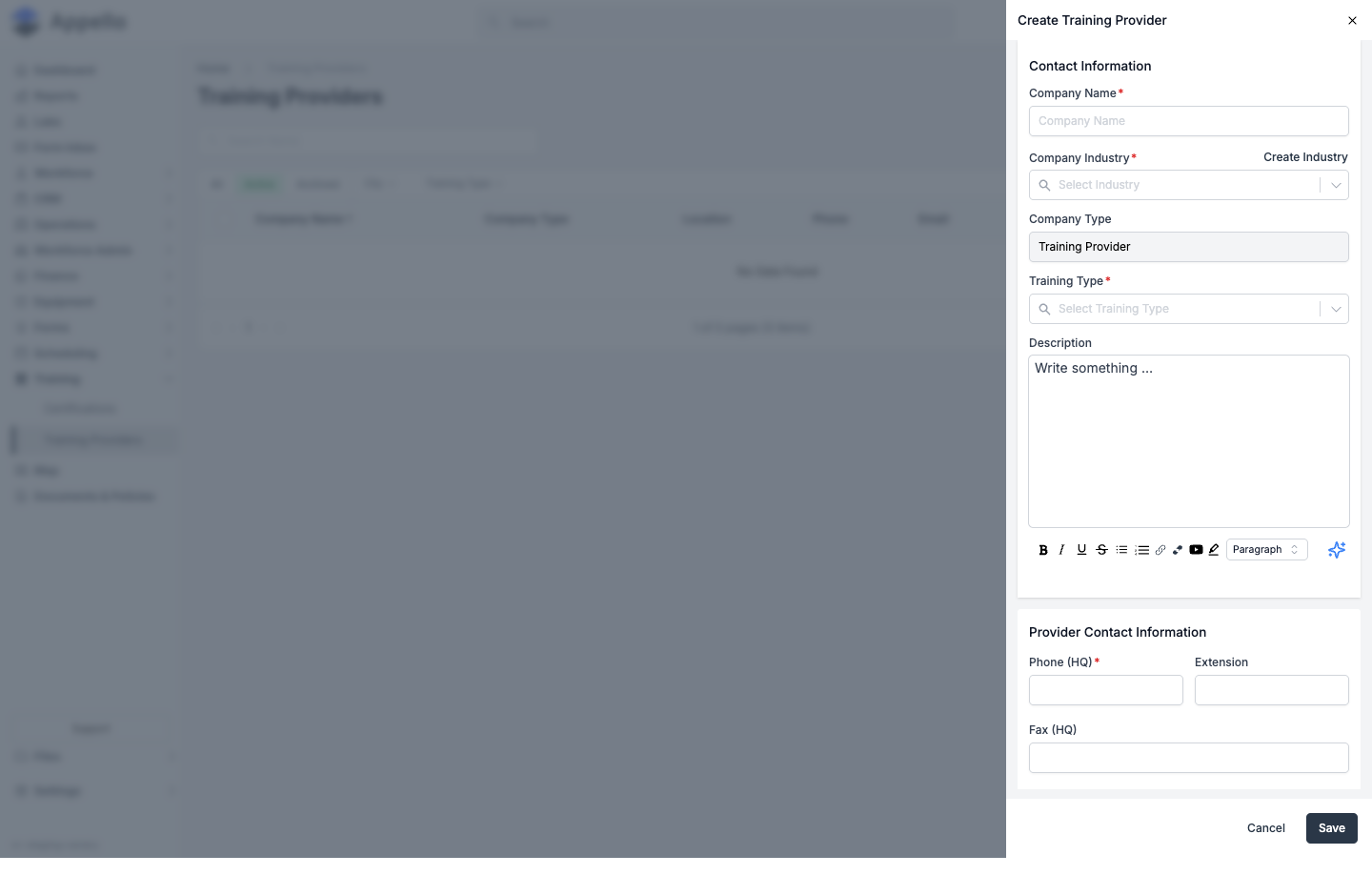 Create Training Provider panel -- Contact Information section with Company Name, Company Industry, Company Type, Training Type, and Description fields