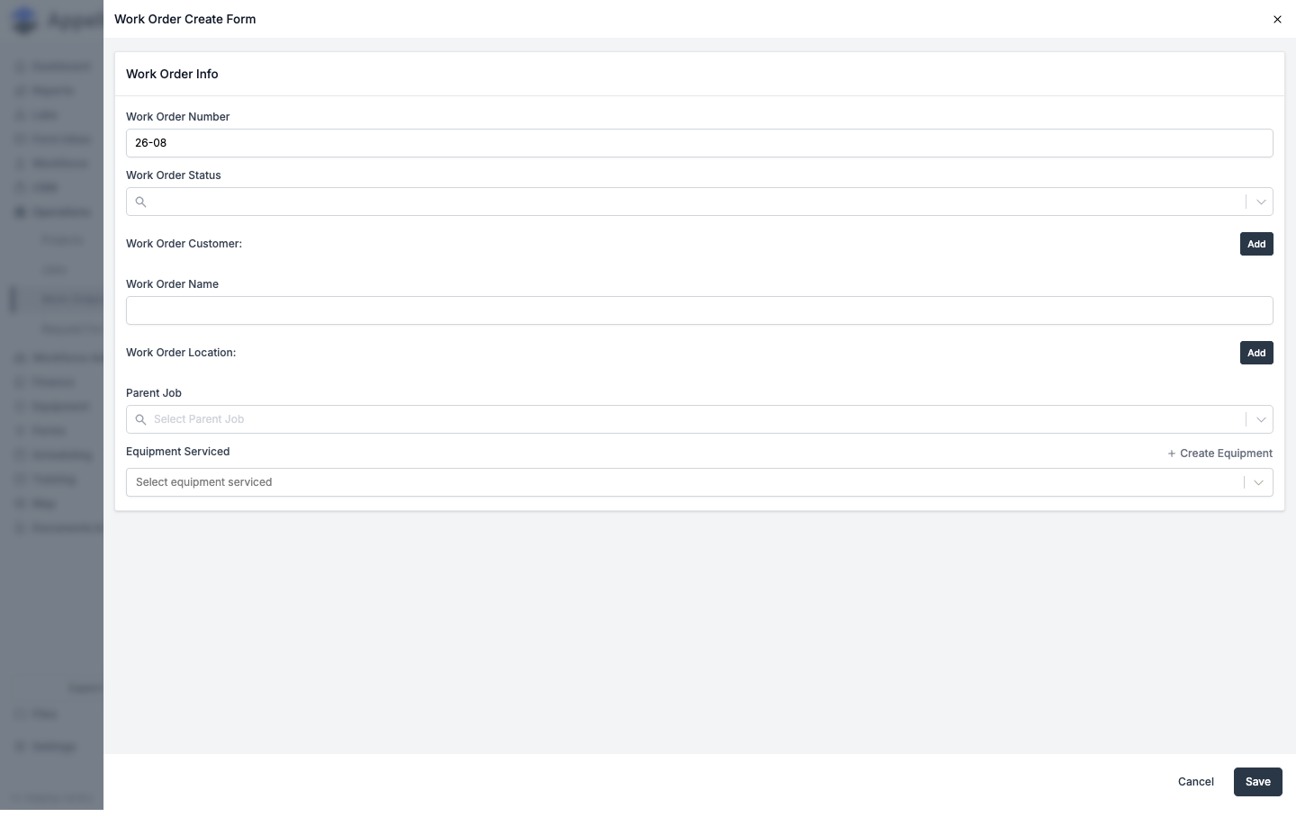 Create Work Order form