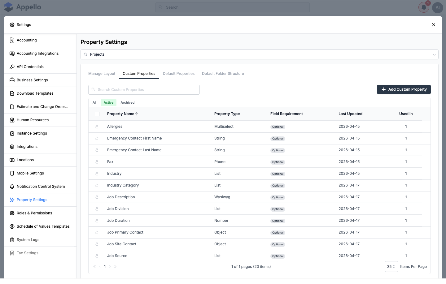 Custom Properties list showing property name, type, field requirement, last updated, and usage count