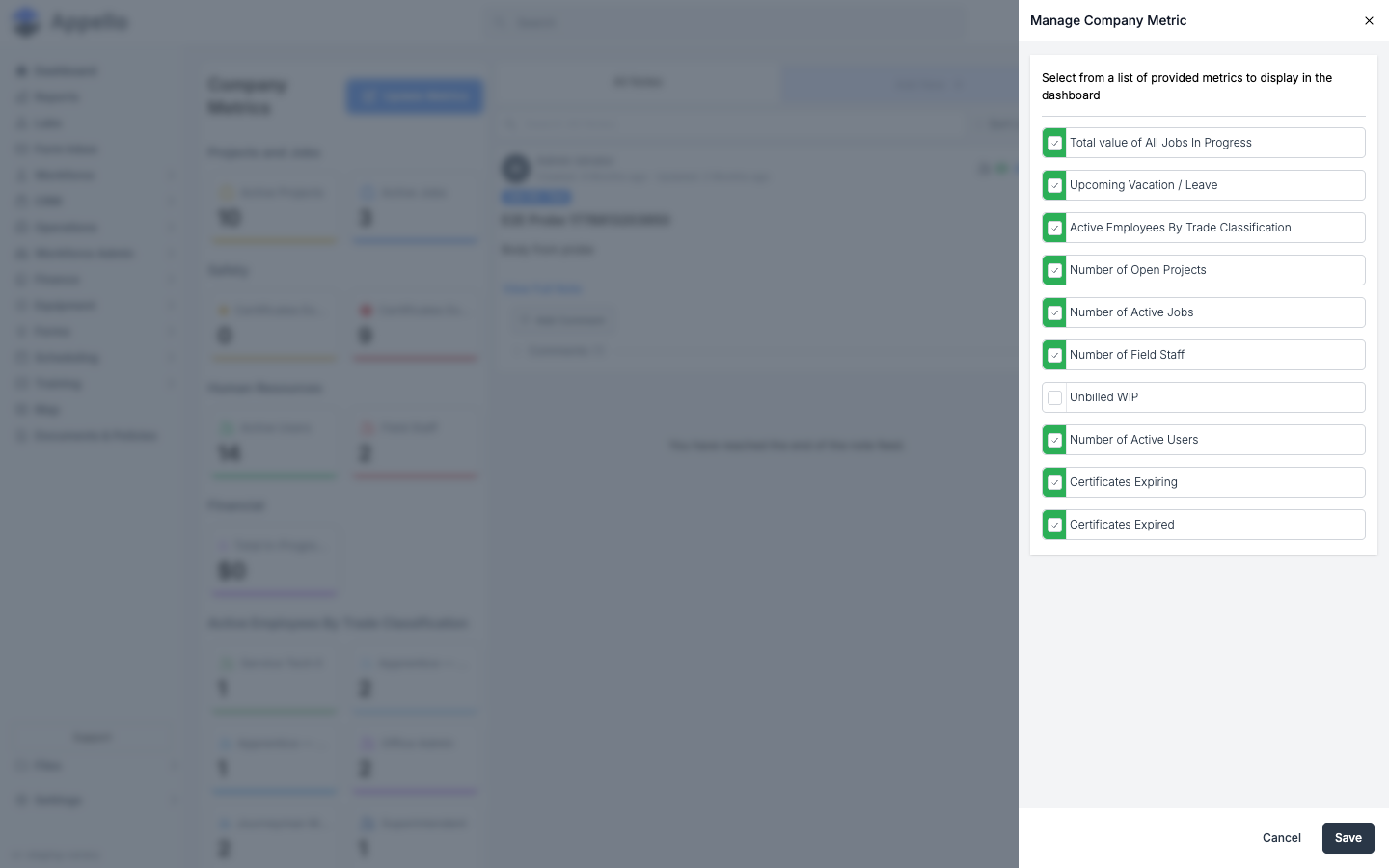 Manage Company Metric panel — checklist of dashboard metrics with Cancel and Save