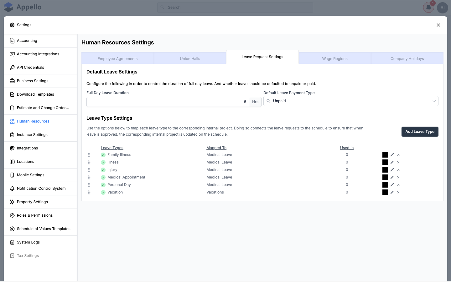 Default Leave Settings — Full Day Leave Duration and Default Leave Payment Type