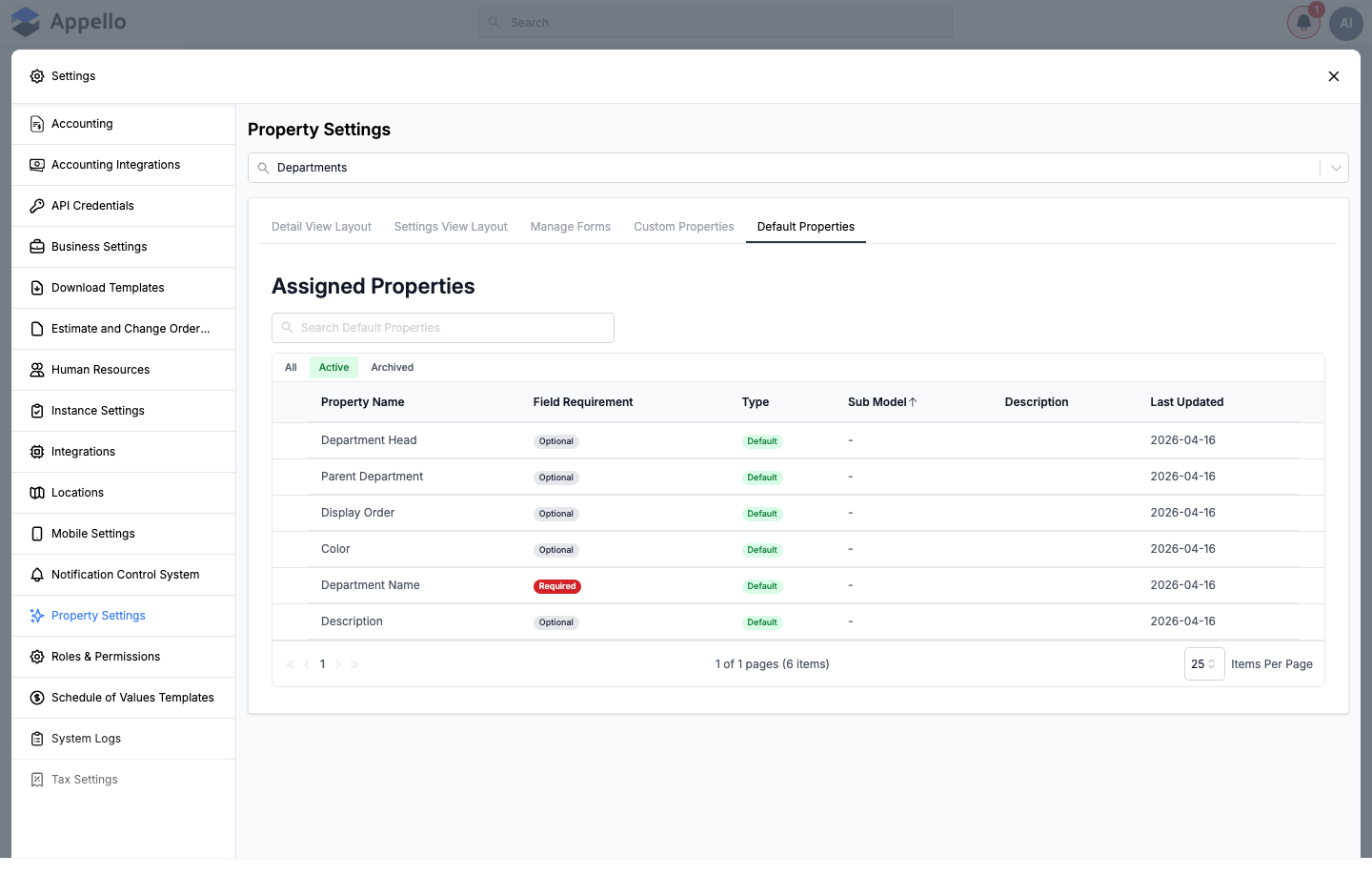 Departments Default Properties tab showing six default Assigned Properties
