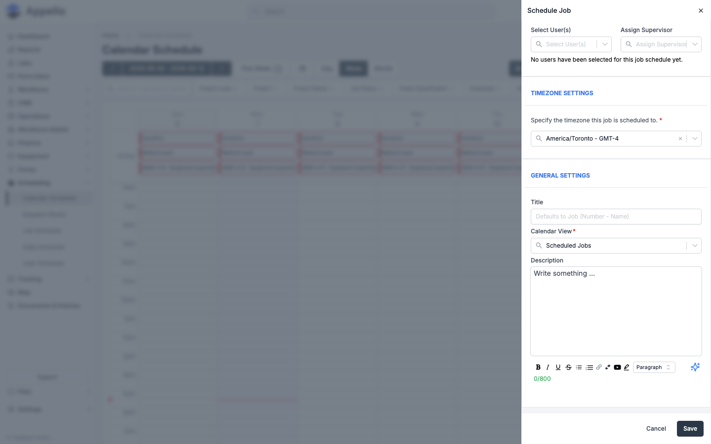 The Description field on the Schedule Job panel, showing its rich-text formatting toolbar