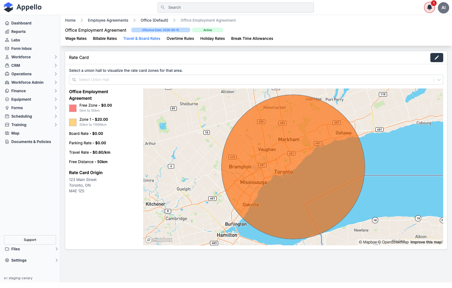 Travel & Board Rates tab for a distance-based agreement, showing Travel Rate, Free Distance, and Rate Card Origin