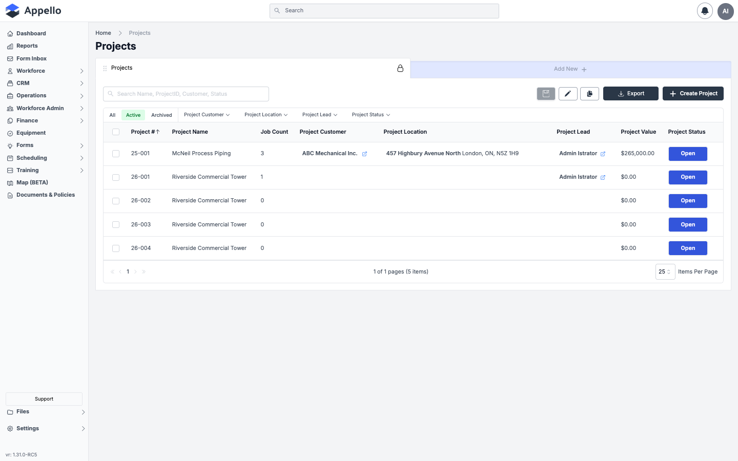 Projects list page