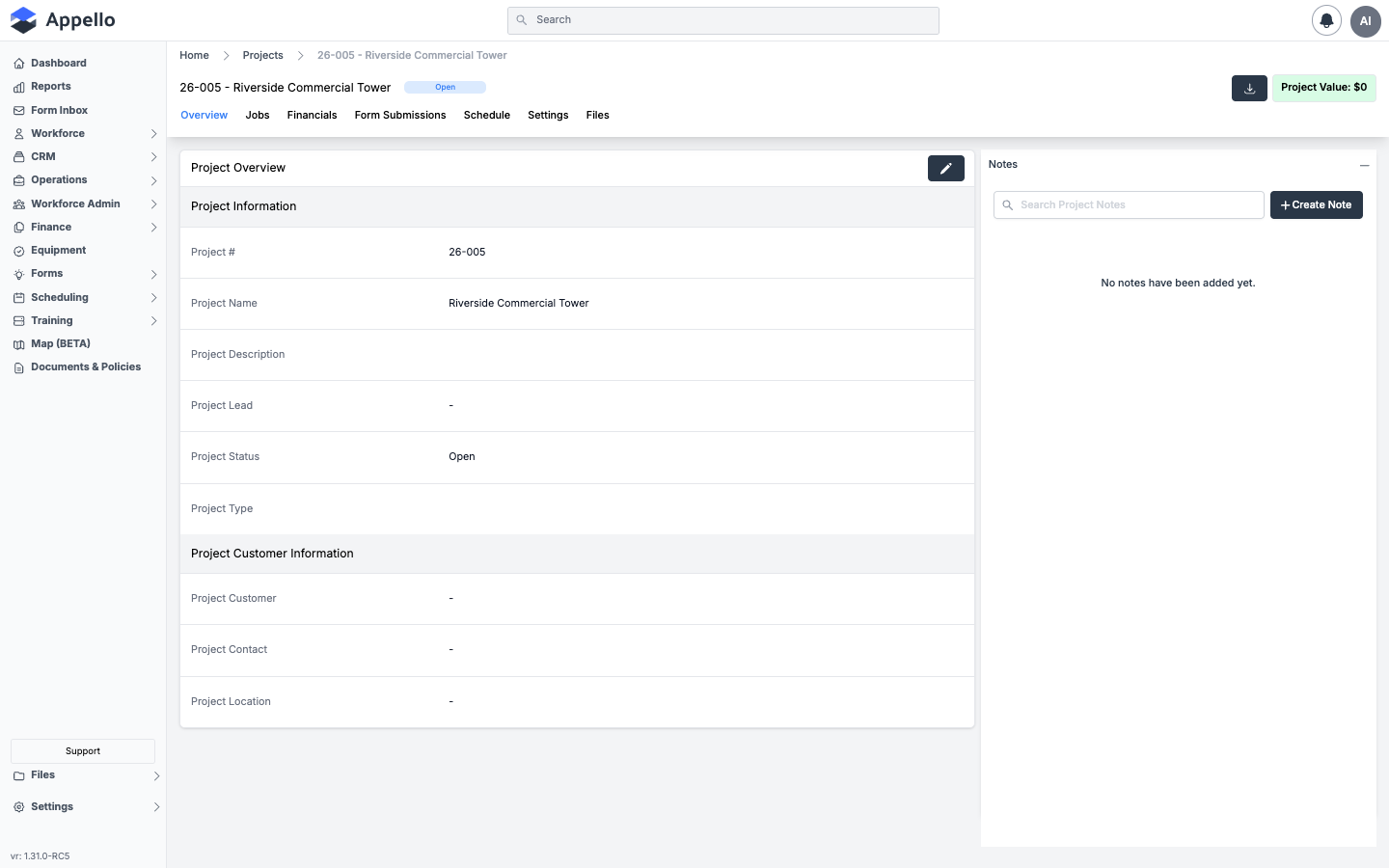 Project detail — newly created