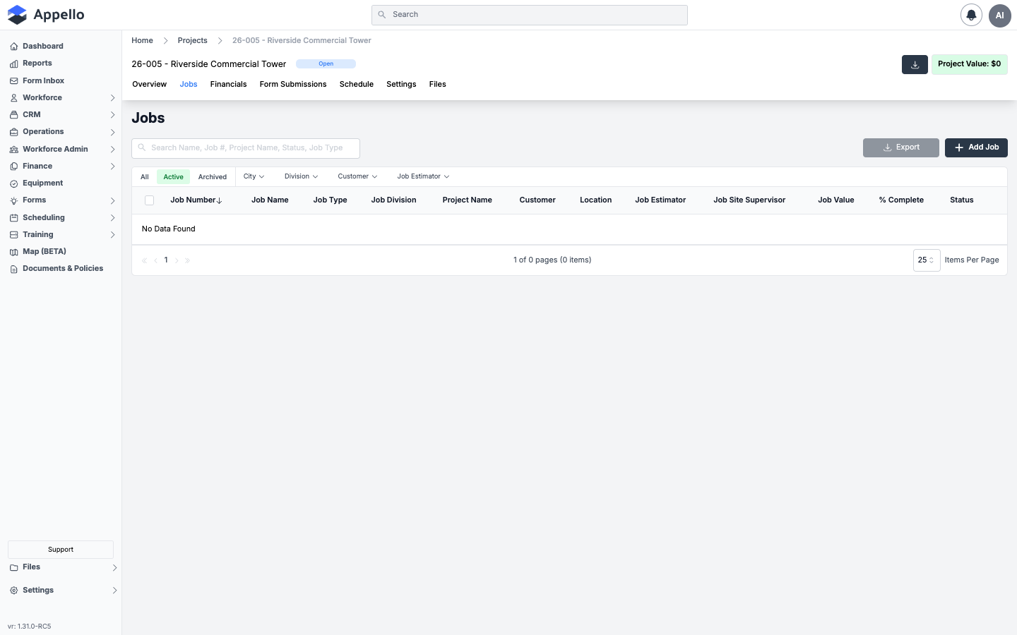 Project Jobs tab — empty