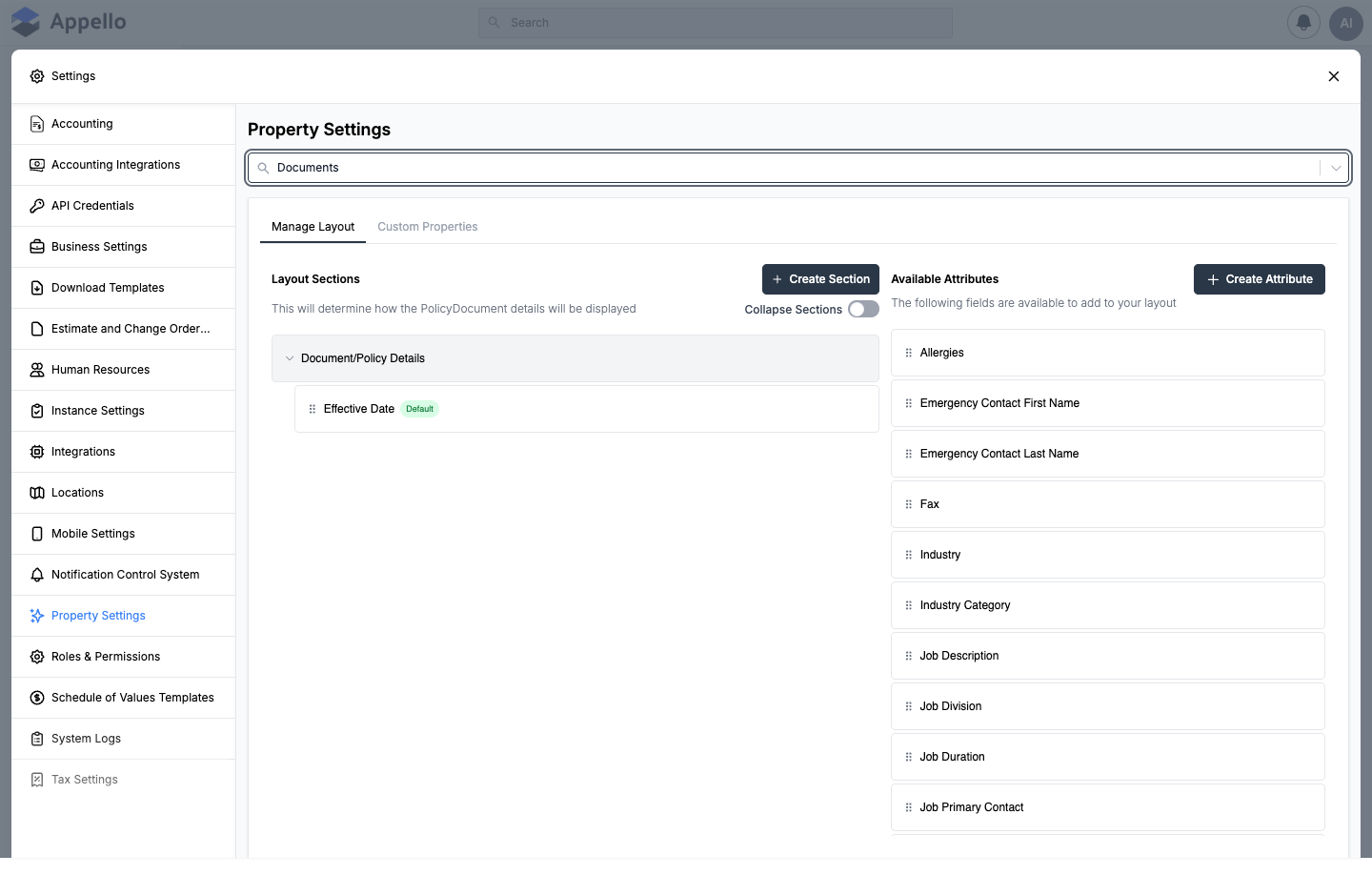 Documents Manage Layout tab showing the Document/Policy Details section