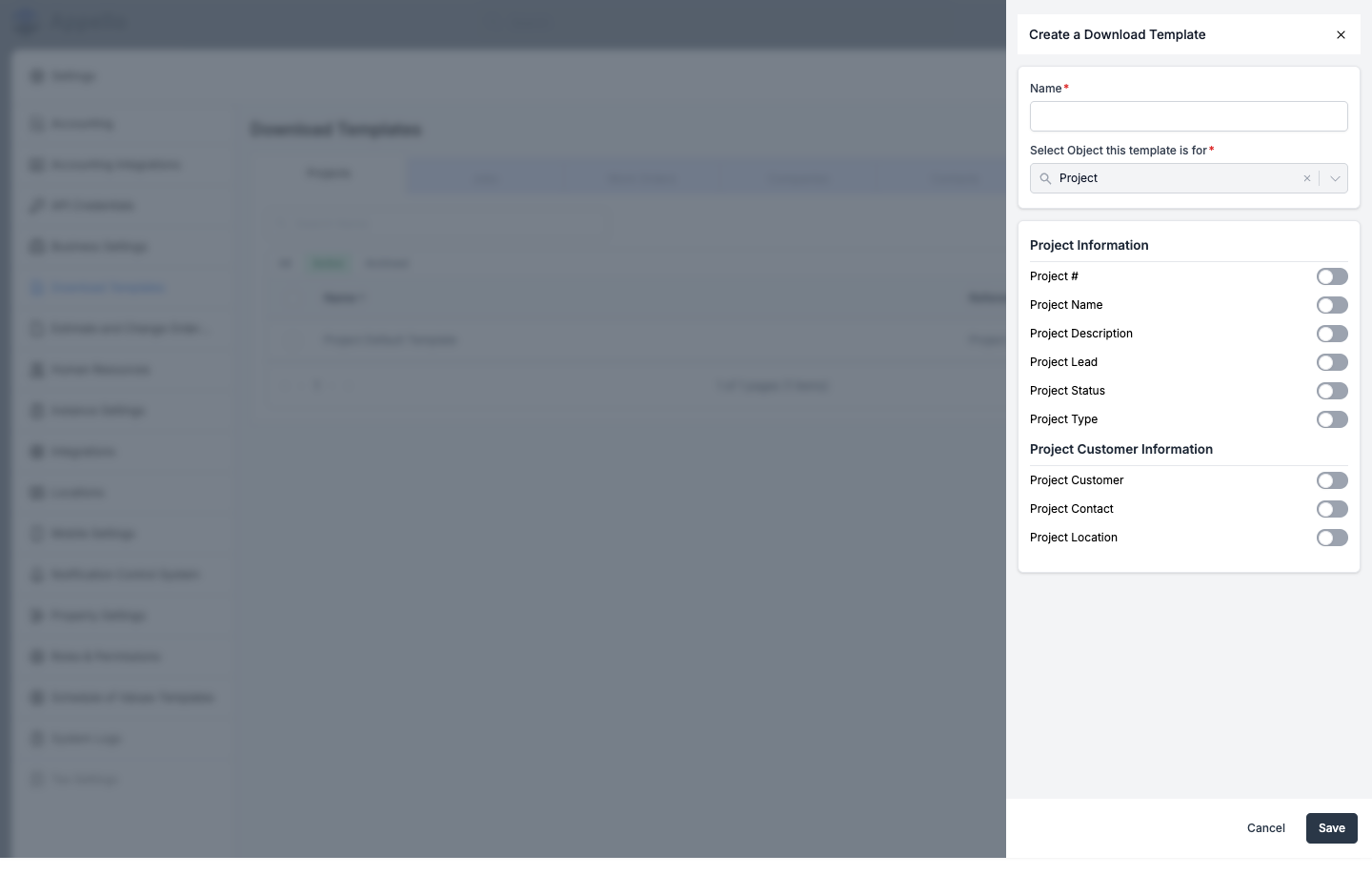 Create a Download Template panel with Name, Select Object, and per-section field toggles