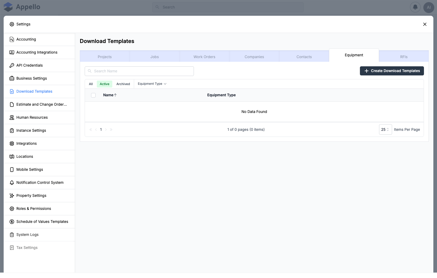 Download Templates — Equipment sub-tab, shown empty on the demo instance, with the Equipment Type filter and Name / Equipment Type columns
