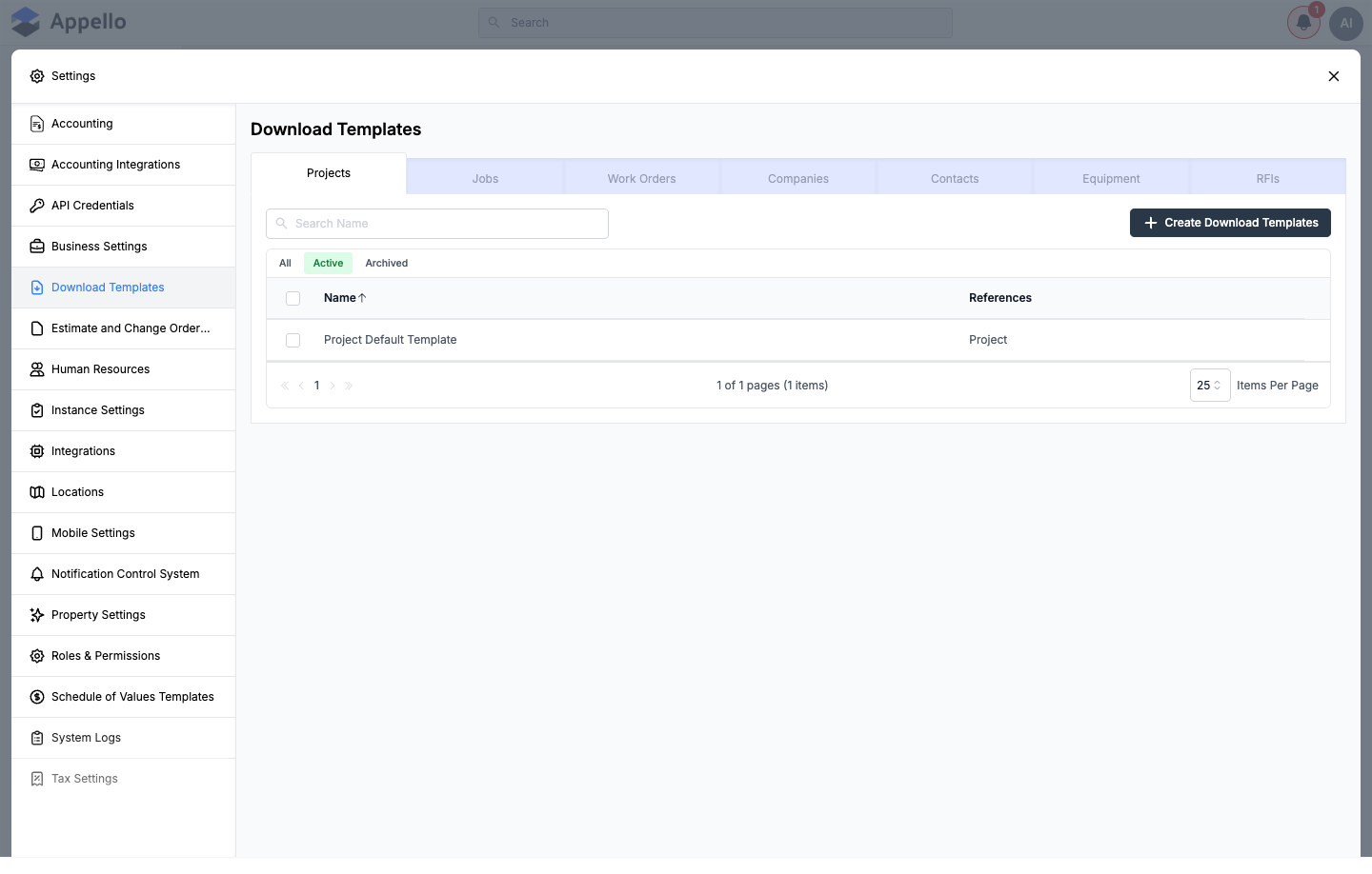 Download Templates — Projects sub-tab, with a real "Project Default Template" and all seven sub-tab labels visible