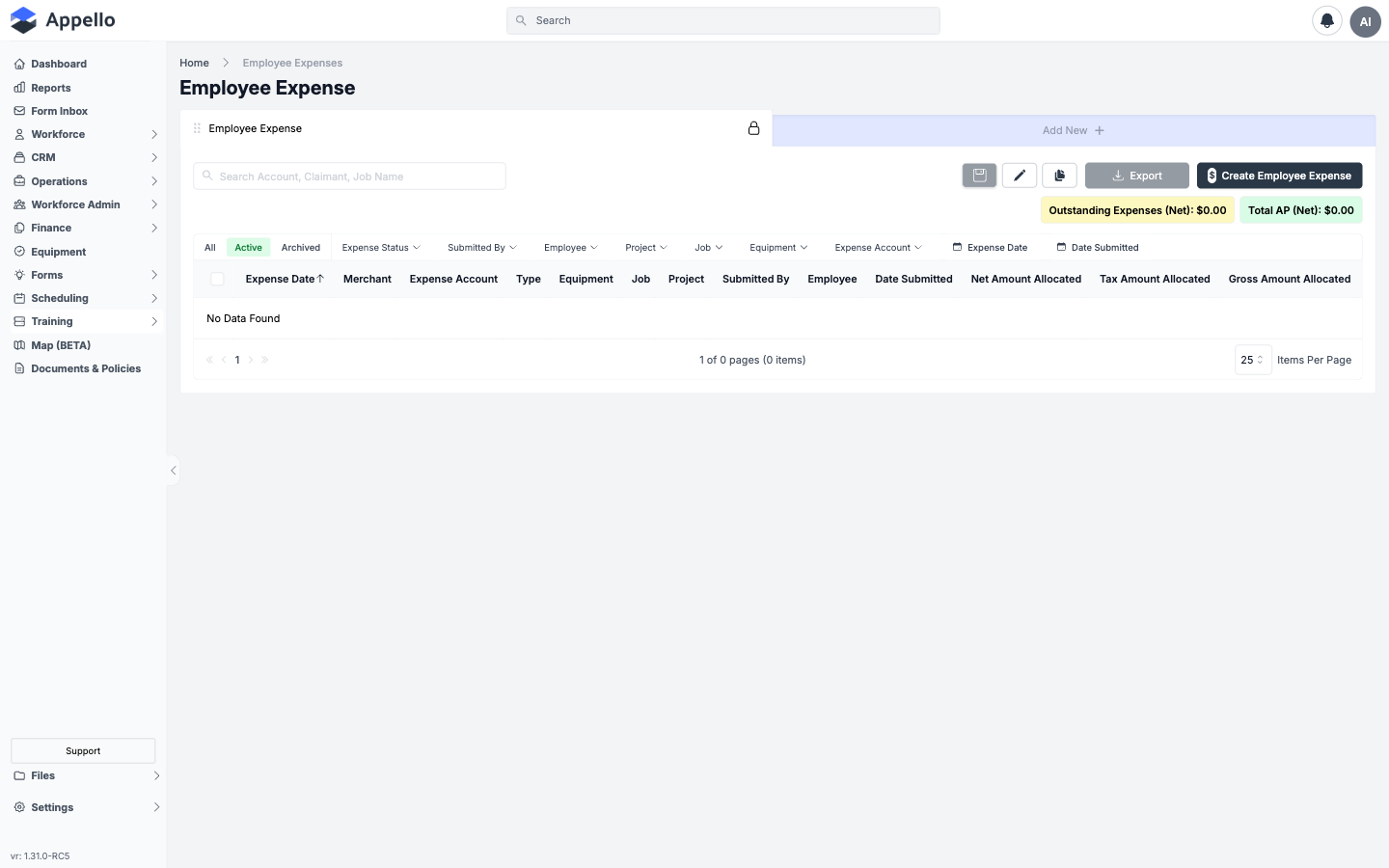 Employee Expenses — list of submitted expense claims with amounts, status, and approval actions