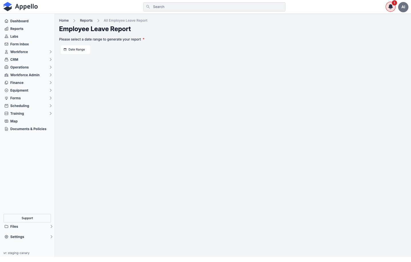 Employee Leave Report — date range picker shown before a report is generated