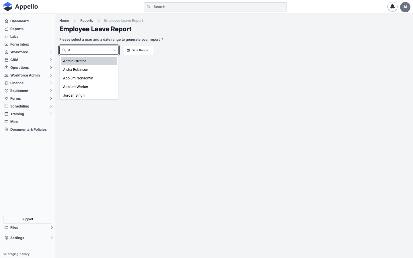 Employee Leave Report — Select a User combobox open, filtered to "a", listing Admin Istrator, Aisha Robinson, Appium Nonadmin, Appium Worker, and Jordan Singh