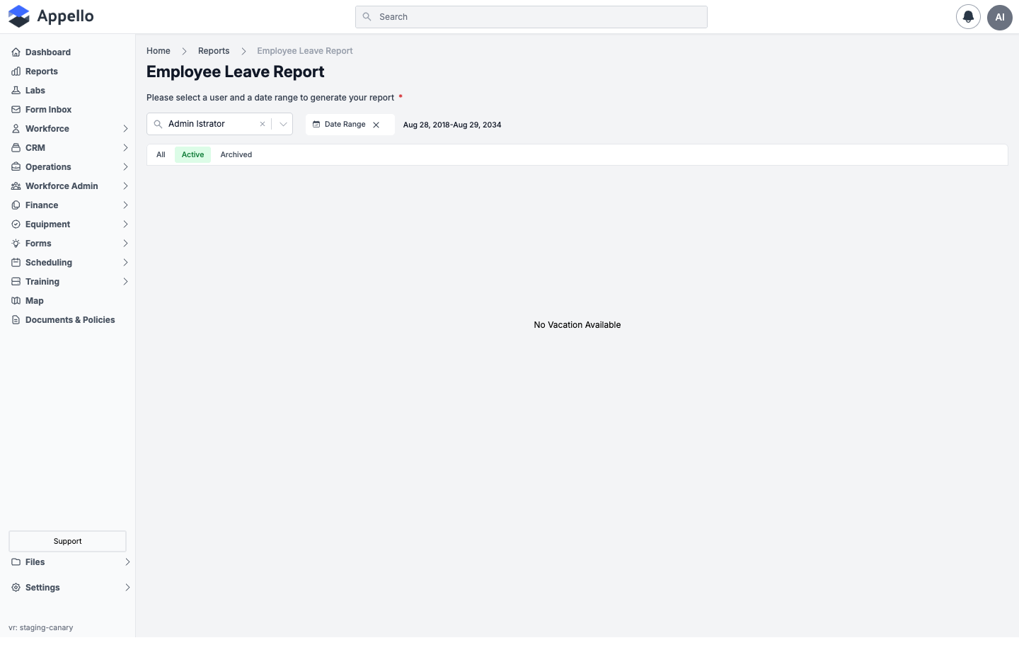 Employee Leave Report — Admin Istrator selected with an Aug 2018–Aug 2034 date range, showing "No Vacation Available"