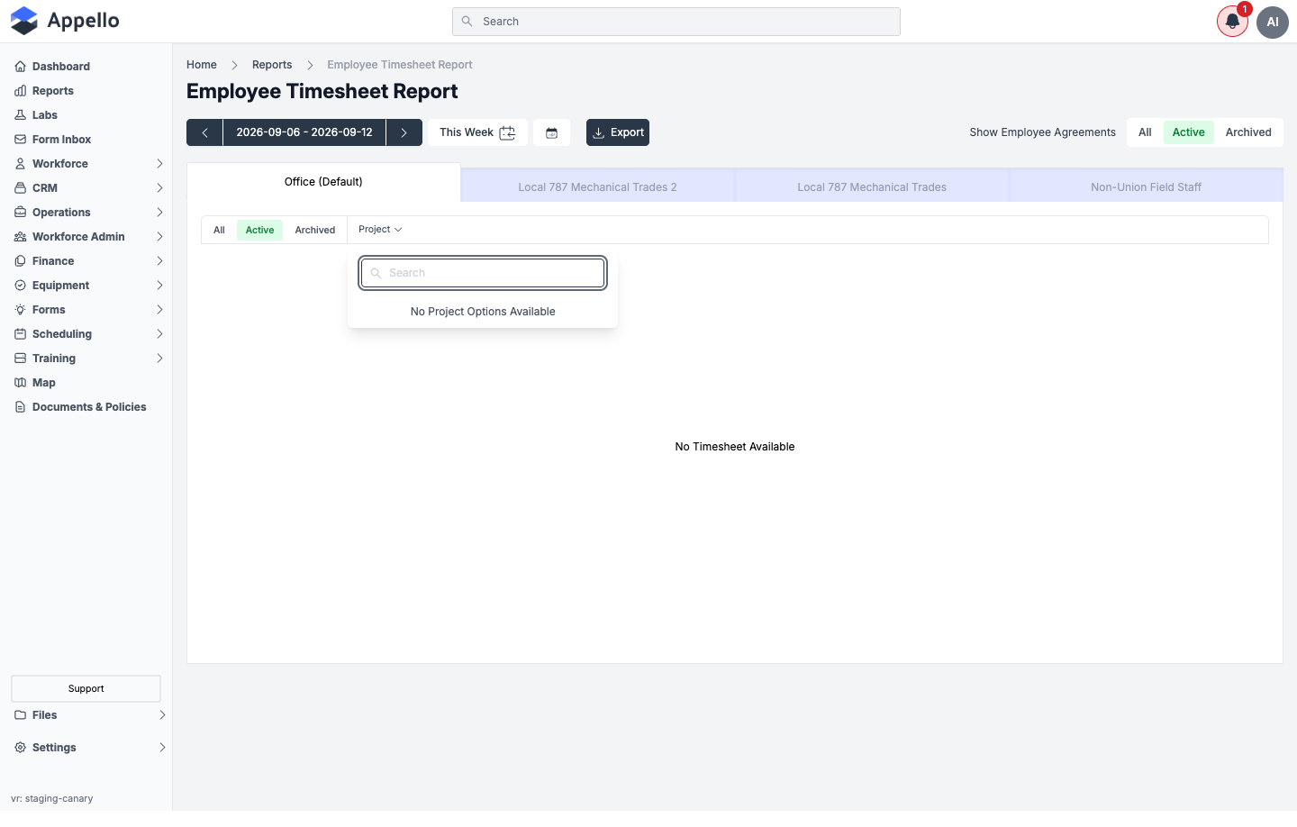 Employee Timesheet Report — Project filter dropdown open, no project options available on the demo instance