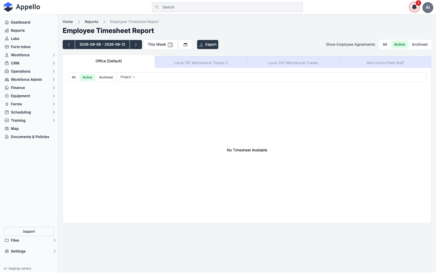 Employee Timesheet Report — Office (Default) tab, current week, no timesheet data on the demo instance