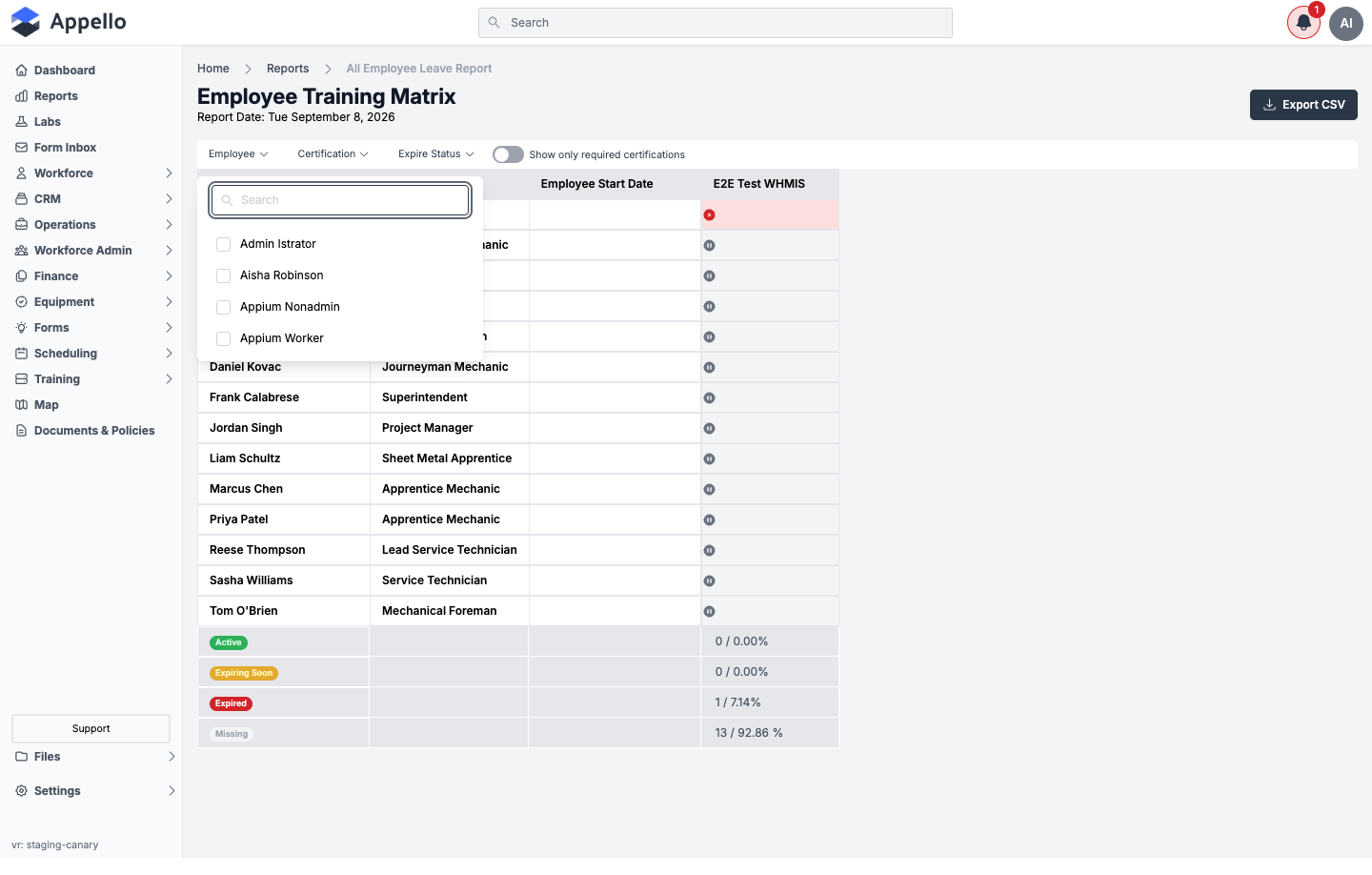 Employee Training Matrix — Employee filter dropdown open with a search box and worker checkboxes