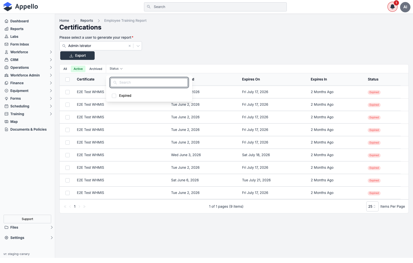 Employee Training Records — Status filter dropdown open, showing an Expired checkbox