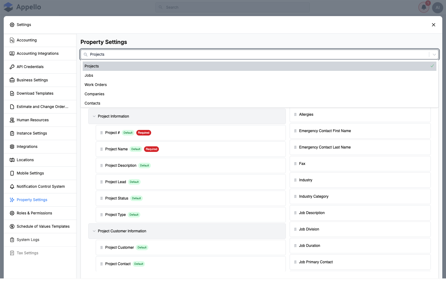 Property Settings entity dropdown open, showing Projects, Jobs, Work Orders, Companies, Contacts, and more