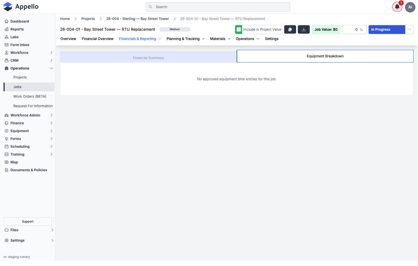 Equipment Breakdown sub-tab showing the empty state message when no equipment time has been approved for the job