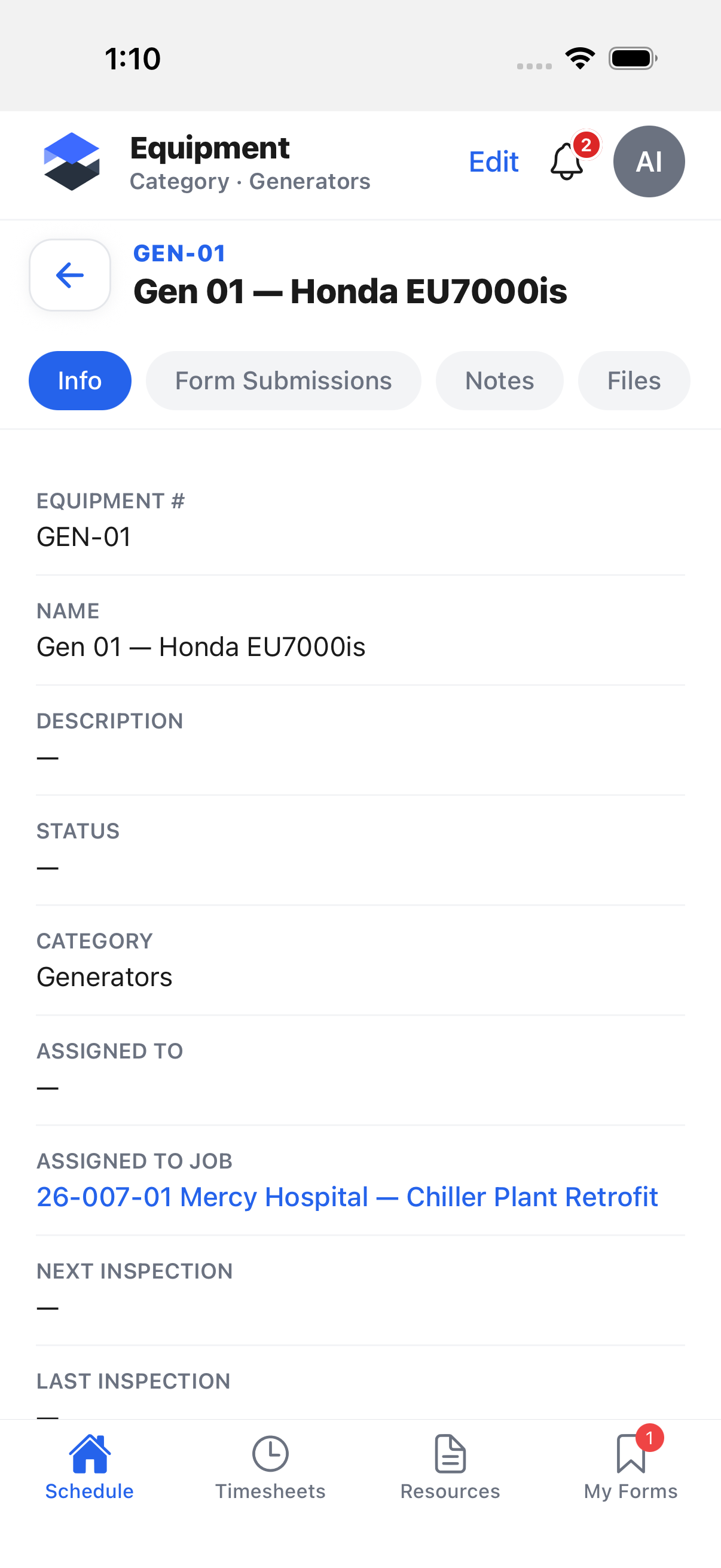 Equipment detail -- Info tab showing Equipment #, Name, Description, Status, Category, Assigned To, and a linked Assigned To Job row