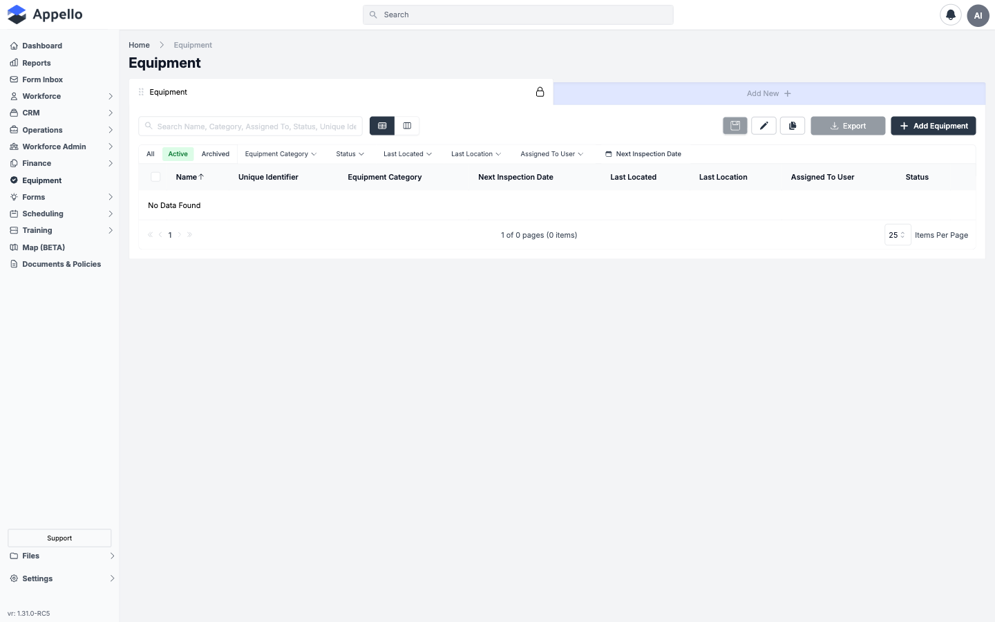 Equipment List — inventory of tools, vehicles, and assets with categories, status, and assignment details