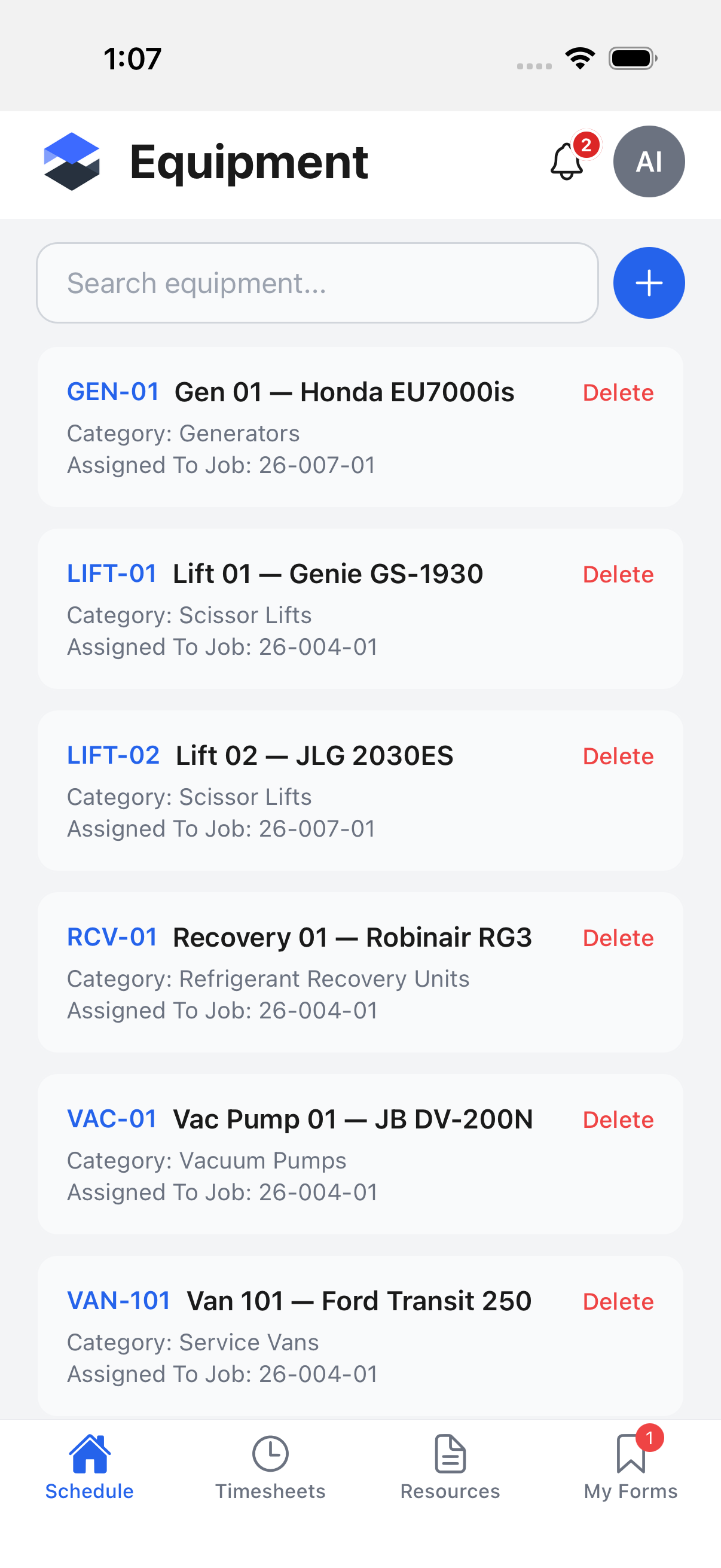 Equipment list -- rows for each piece of equipment with a search box and a blue + button