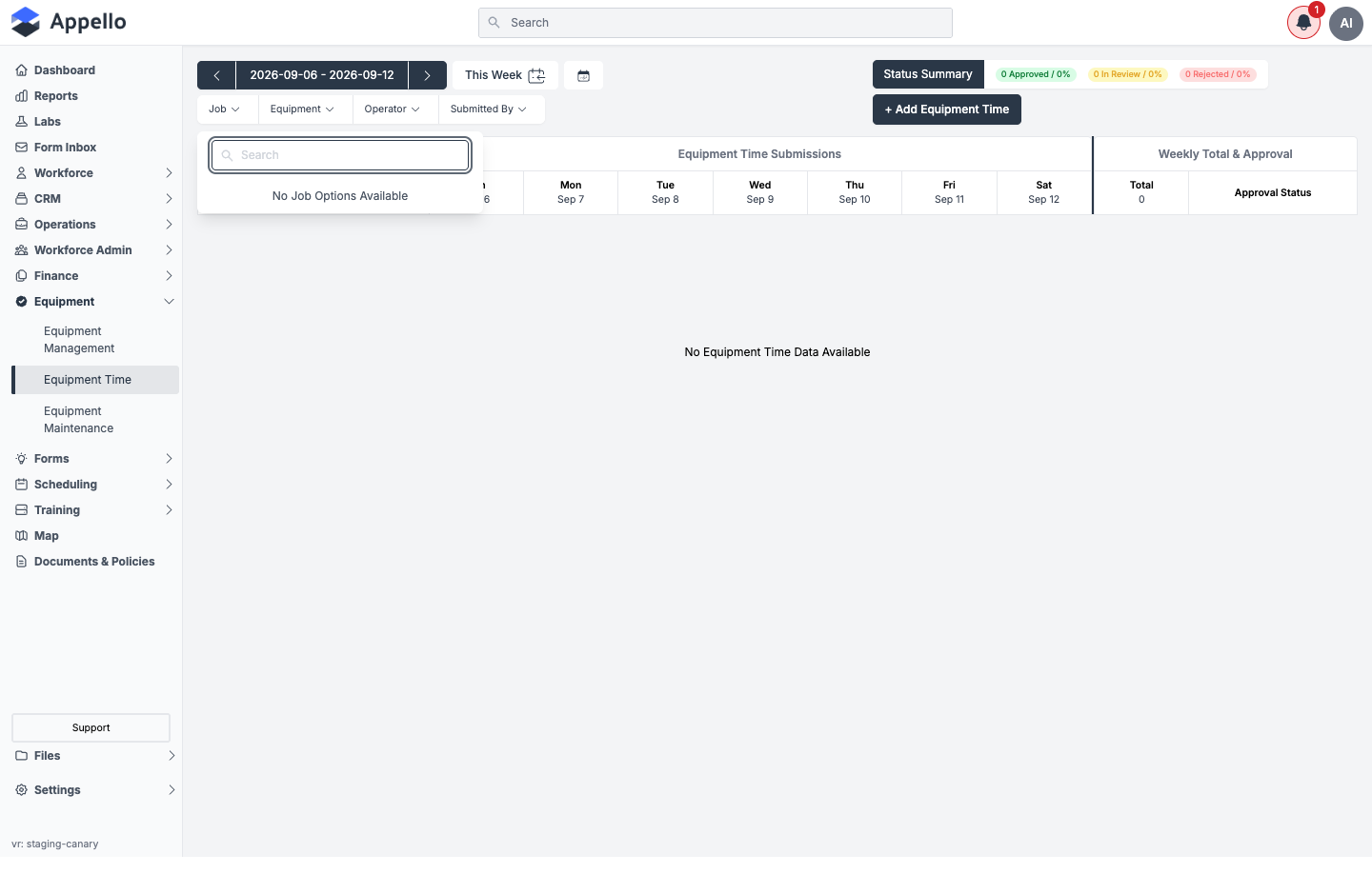 Job filter dropdown open, showing "No Job Options Available"