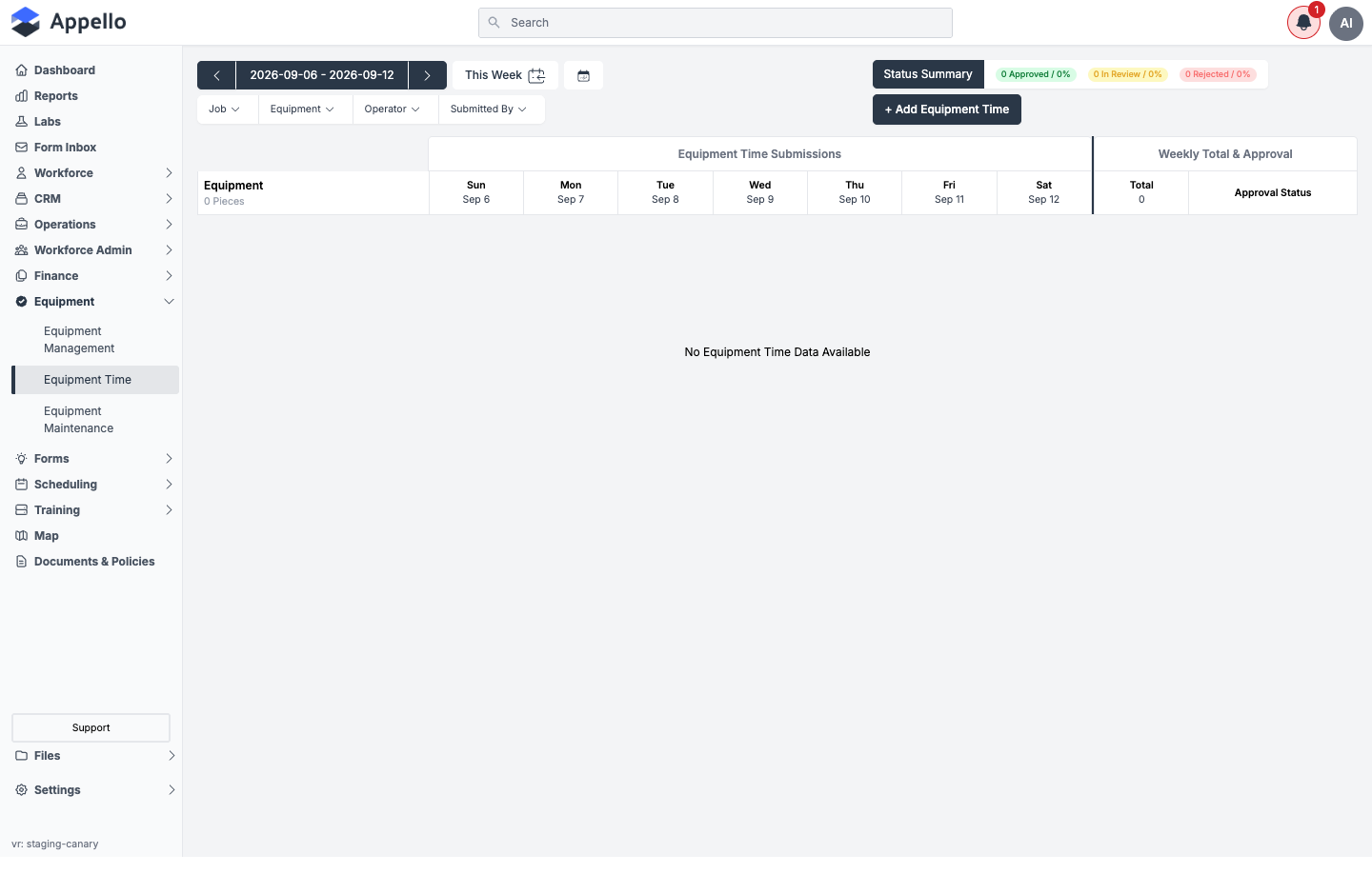 Equipment Time weekly grid — Job, Equipment, Operator, and Submitted By filters, Status Summary, and no equipment time submitted for the selected week