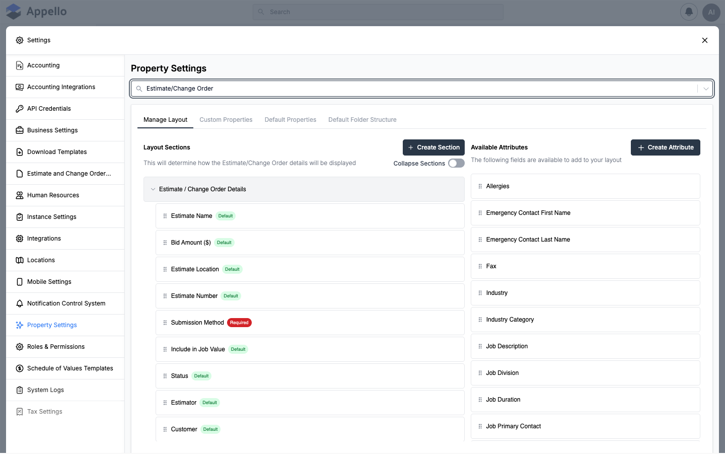 Estimate/Change Order Manage Layout tab