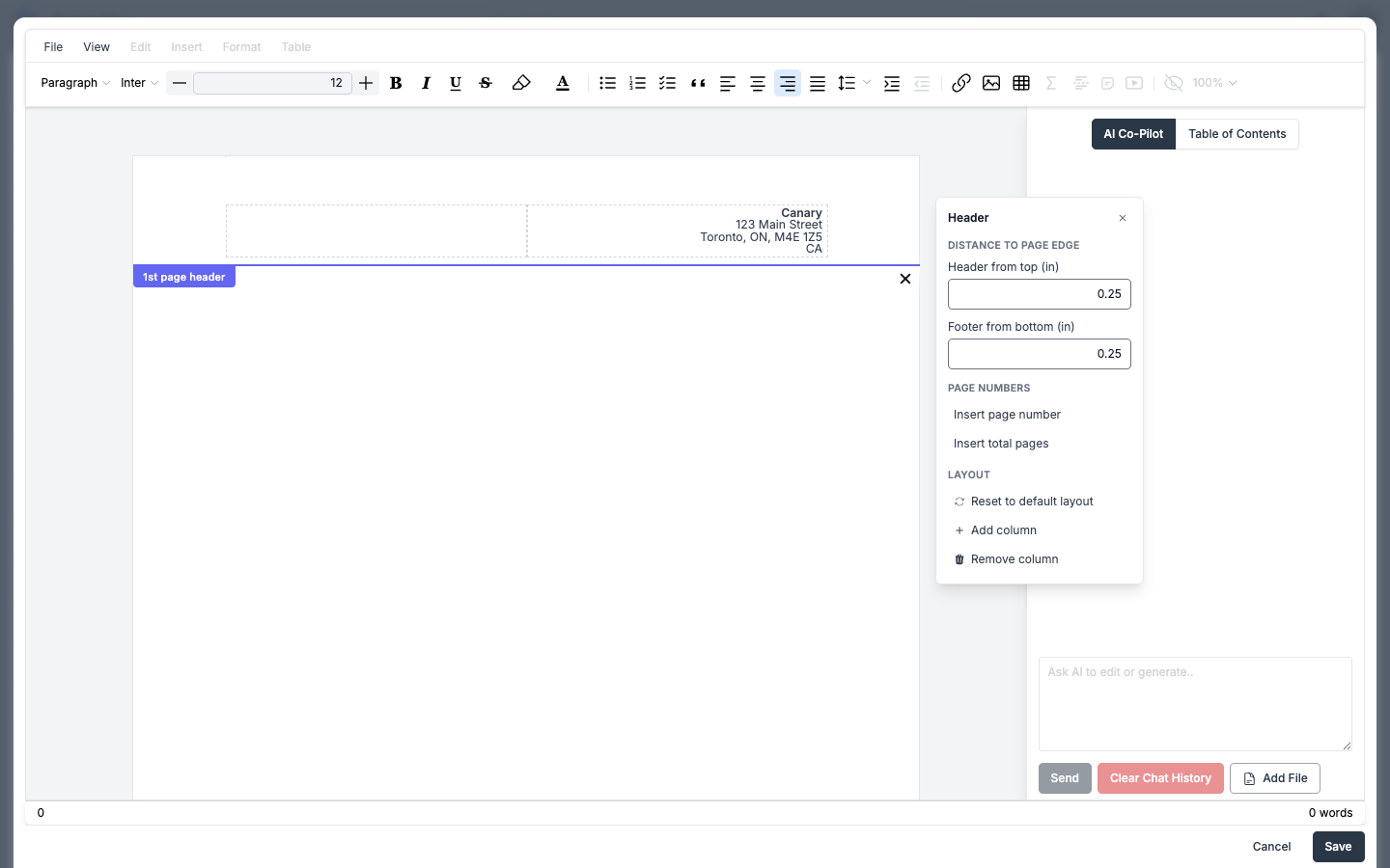 Header settings panel — distance-to-page-edge fields, page-number inserts, and layout controls